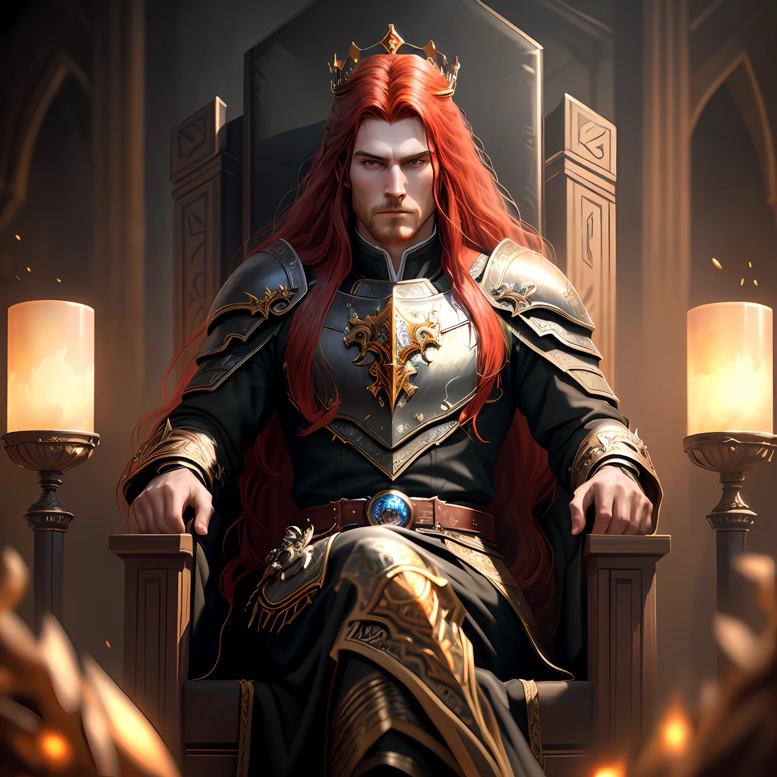 A (full body: 1.3) shot in 8k resolution, best quality masterpiece, photorealistic, intense visual, anatomical photorealistic digital painting portrait of one (closeup of a man, with crown: 1.3) in (black intricate light armor: 1.3) in a (throne room environment: 1.3), no beard, light particle, very detailed skin, very detailed eyes, (Elden Ring style: 1.3), long red hair, concept artist, global lighting, depth of field, splash art