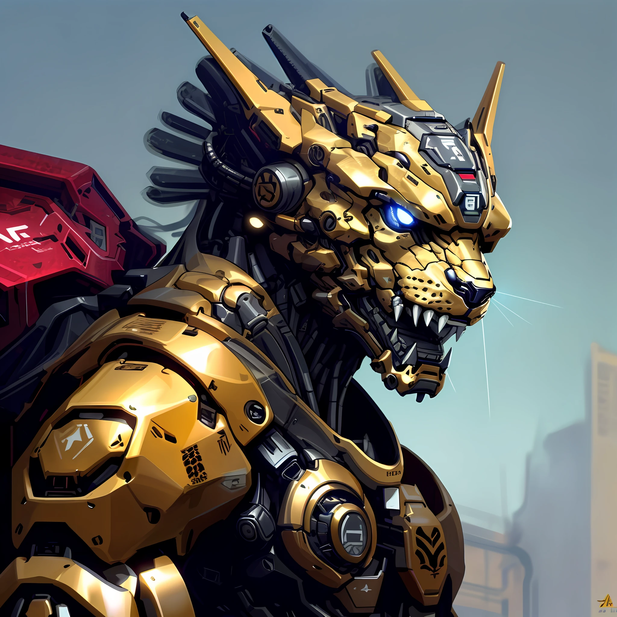 Yorkshire Terrier (robot) leopard as a doomsday killer, realistic sci-fi power armored robot, mecha, half-body, complex mechanical structure and line dew, metallic texture, close-up portrait, leopard head machine body