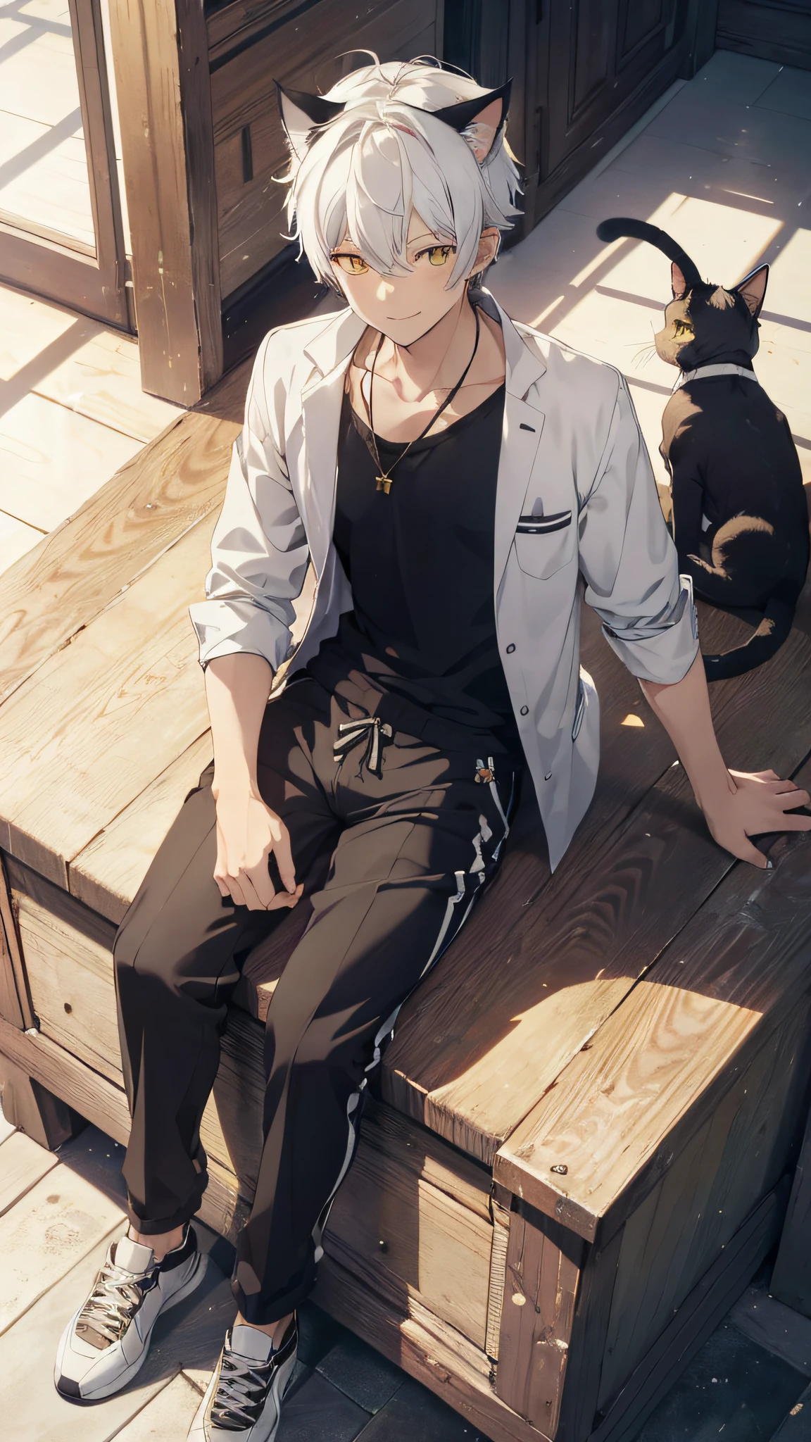 (absurdres, highres, ultra detailed, HDR), masterpiece, best quality, a cat boy and a cat, yellow eye, very short hair, white hair, smile, shy, loose clothes, shorts pants, sitting, sunny, from above, look up