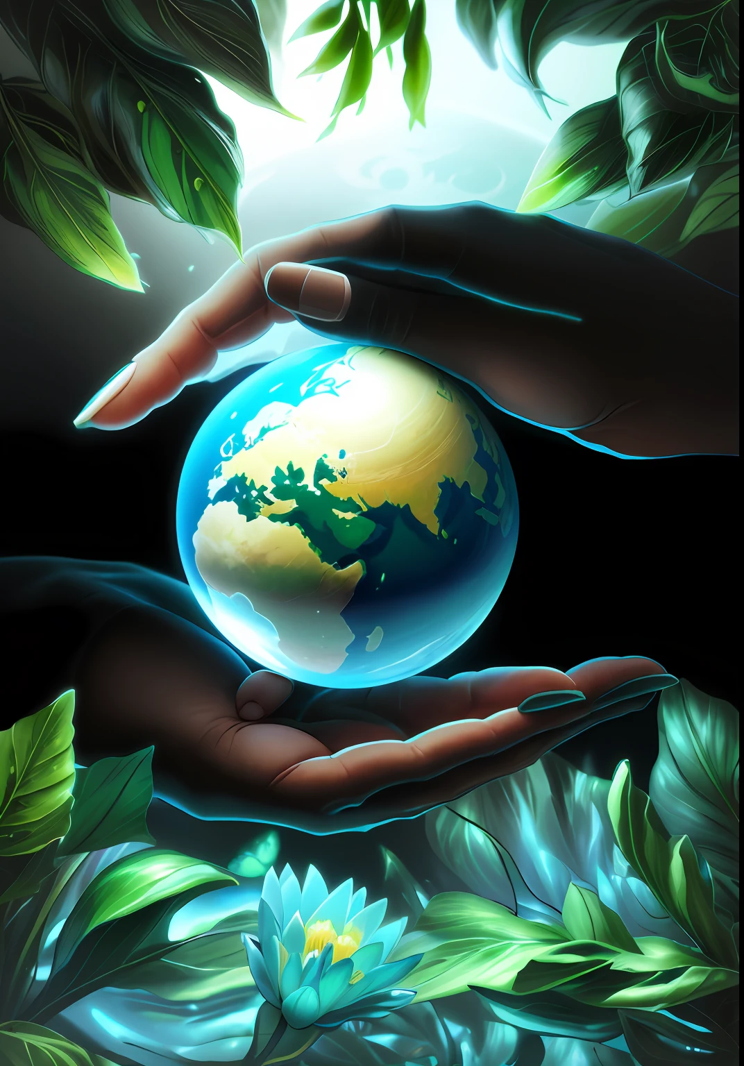 There are two hands holding a small blue earth in front of black background, holding the earth, gently stroking the earth, Mother Earth, holding a planet, with the earth, our planet, world peace, holding a miniature earth in her hand, holding a miniature earth, Melissa Benson, world creation, Whitney Sherman, color illustration, loren monk, earth day poster, (((green spherical earth, transparent plastic, optics, surreal, magic , fantasy, composition, bright, light fluorescence, ultra-detaile, trend in artstation, octane rendering,))),futuristic,plants,flowers,blue,green,transparent,white background,center composition,,super high detail,4k,flat illustration, 3d, blender,masterpiece, Super detail, best quality