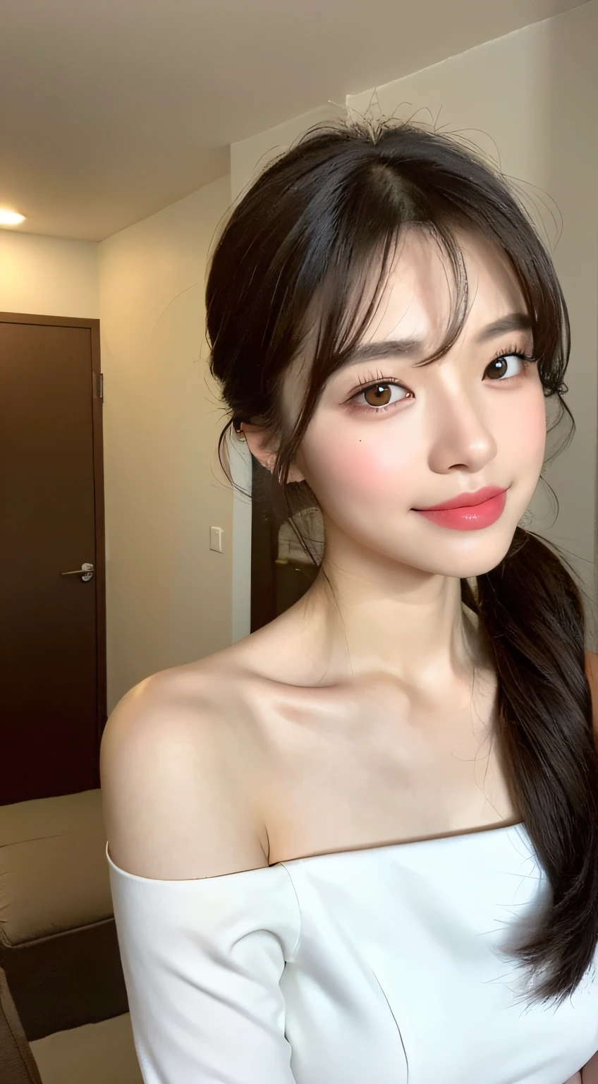 (A Korean woman), 1girl, realism, ((best quality, 8k, masterpiece: 1.3)), Nikon camera, camera aperture F1.2, photo texture, in bedroom, high contrast, (an elegant dress), (face close-up), detailed eyes, long eyelashes, fine skin texture, fine fabric texture, such as a black or dark blue slim dress, paired with a pair of mid-heeled heels, can enhance the temperament. You can match it with a simple short jacket to increase the sense of layering and professionalism, with a simple and elegant handbag, it looks more decent, the hairstyle can choose a simple and neat low ponytail or a smart straight hair, the hair color should choose natural brown or black, the skin tone should choose natural base makeup, with light color eyeshadow and lipstick, it looks more decent and delicate, (snow-white skin), whitened skin, smile