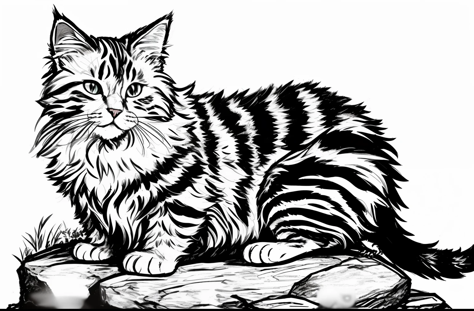 a black and white drawing of a cat sitting on a rock, cat detailed, anthropomorphic female cat, ashfur from warrior cats, cat design, anthropomorphic cat, persian cat, anthropomorphic large maine coon, very detailed fur, catscatscats, illustration of a cat, perfect pen and ink line art, maine coon