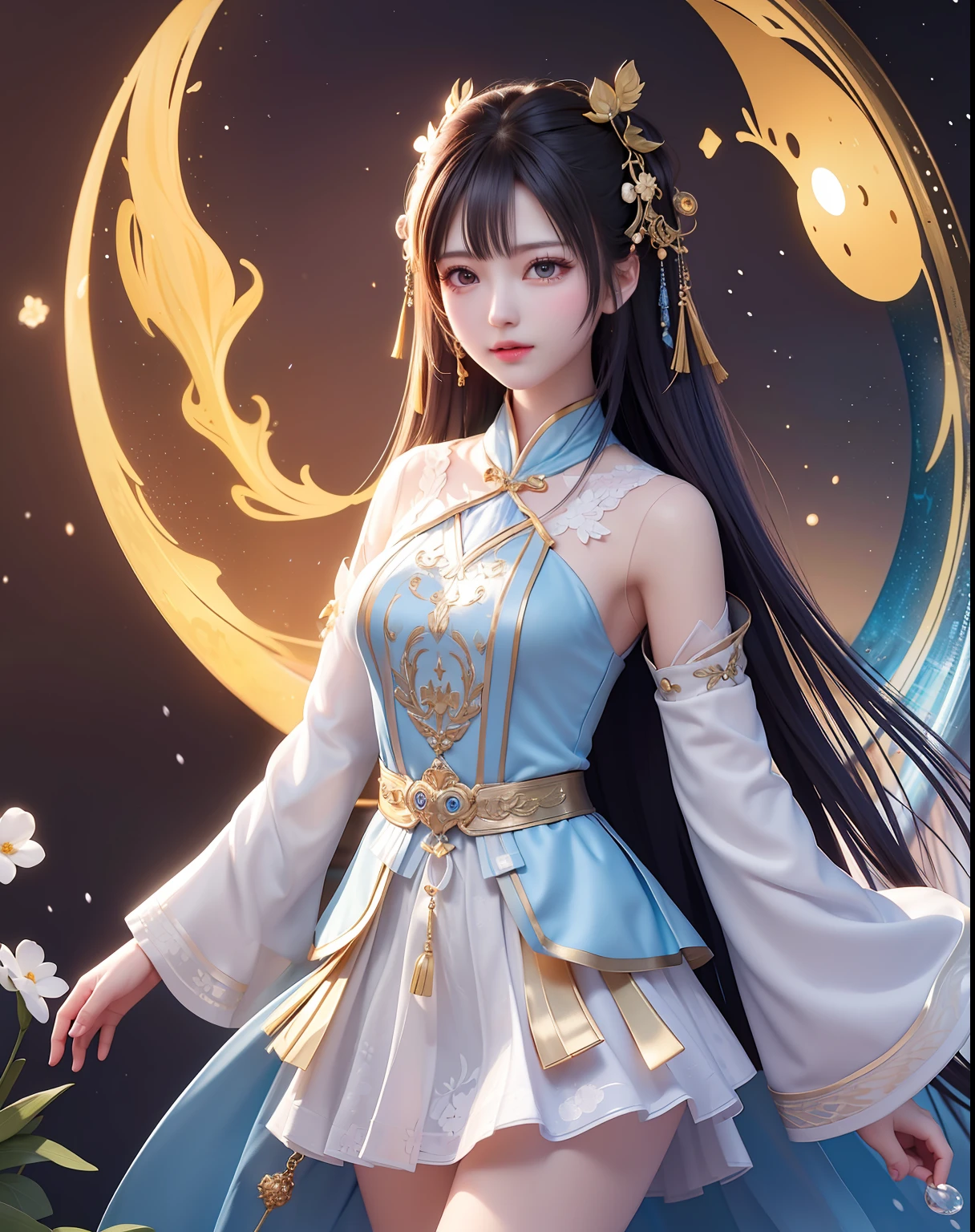 (8k, RAW photo:1.2), best quality, ultra high res,dramatic angle,(fluttered detailed color splashs), (illustration),(((1 girl))),(long hair),(rain:0.9), (头饰:1.4),少女身边有一座古宫,汉服,(重点),彩色水墨画,(泼彩),泼彩,(((colorful))),(素描:0.8) , Masterpiece, best quality, beautiful painted, highly detailed,(denoising:0.6),[splash ink],((ink refraction)), (beautiful detailed sky),moon,highly,detaild,(masterpiece, best quality, extremely detailed） CG unity 8k壁纸，杰作，最好的质量，超详细），（石蒜），