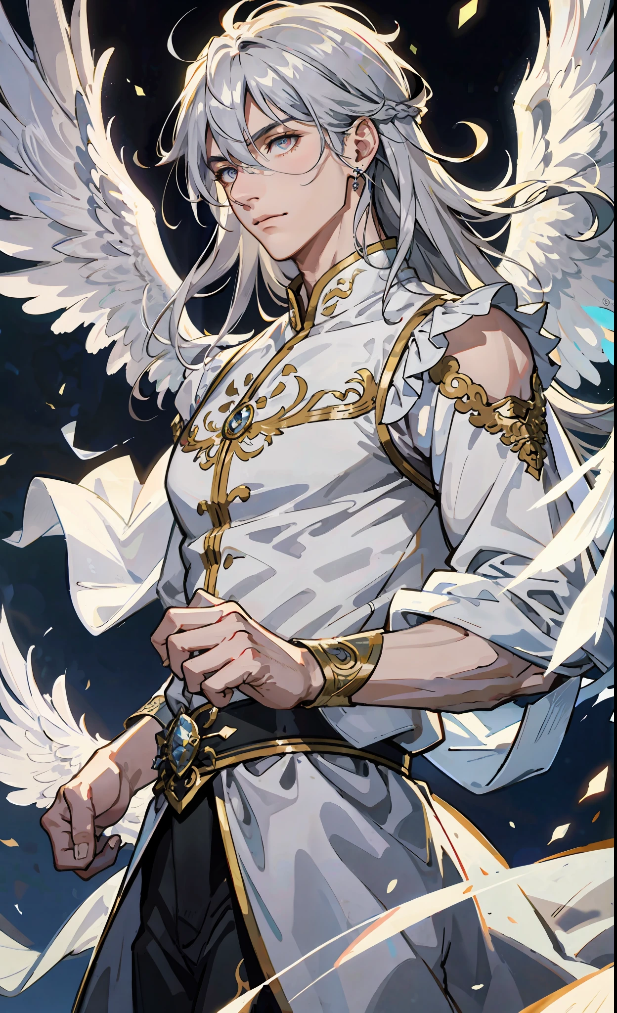 Official Art Illustration, solo, antique handsome, handsome, strong muscles, silver hair, floating hair, asymmetrical hairstyle, delicate eyes, angel wings, white chinoiserie costume, gorgeous accessories, intricate filigree, wearing earrings, fov, f/1.8, masterpiece,, night, side light, moonlight shining on people, 8K, hazy, close-up,