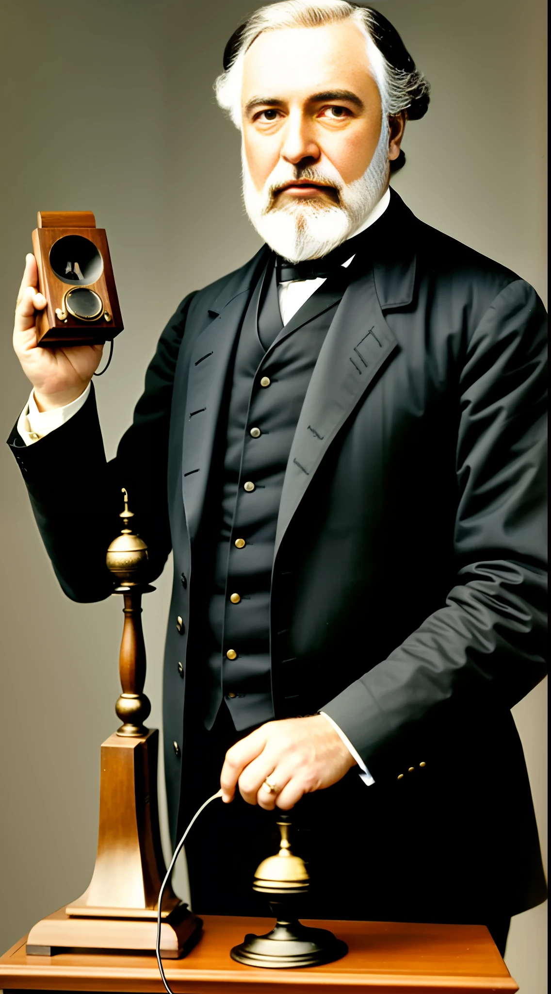 Generate a photorealistic image of Alexander Graham Bell in his late 19th-century attire, holding an early model of a telephone in his hand