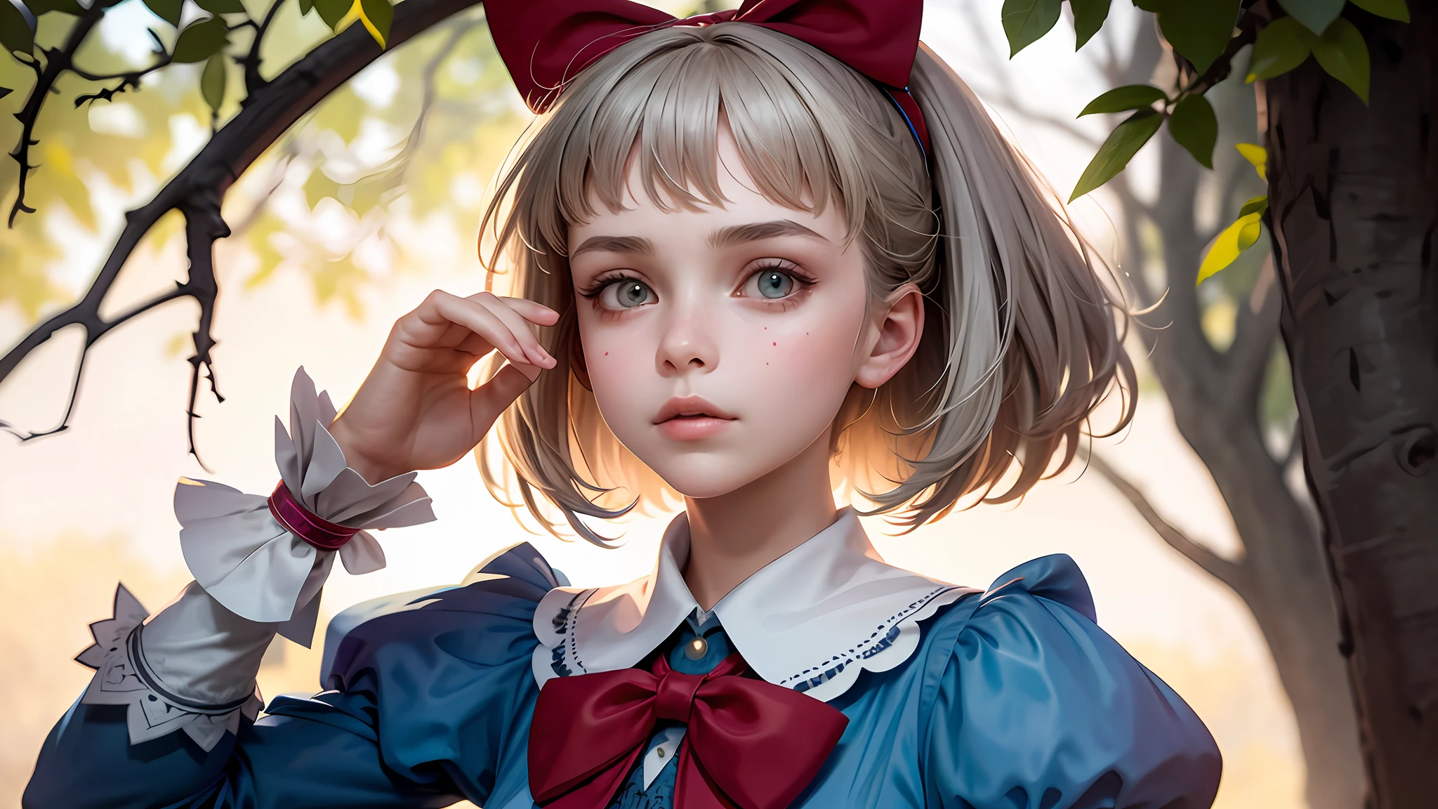 1girl, masterpiece, best quality, 8k, detailed skin texture, detailed cloth texture, beautiful detailed face, intricate details, ultra detailed, Alice in Wonderland, (a bow on her head:1.1), upper body