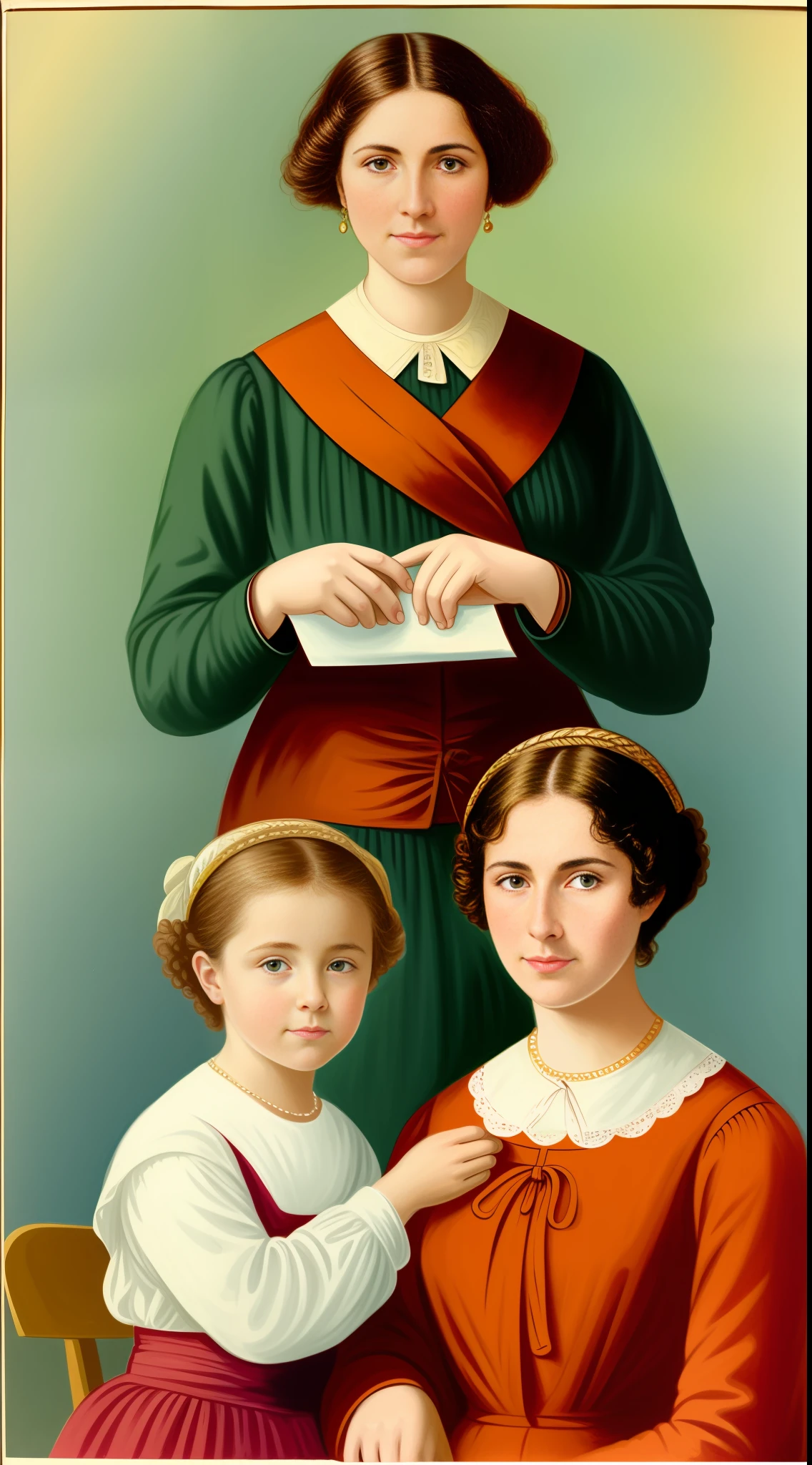 Create a semi-realistic image of Alexander Graham Bell's wife and mother, both portrayed as serene and content, communicating through sign language