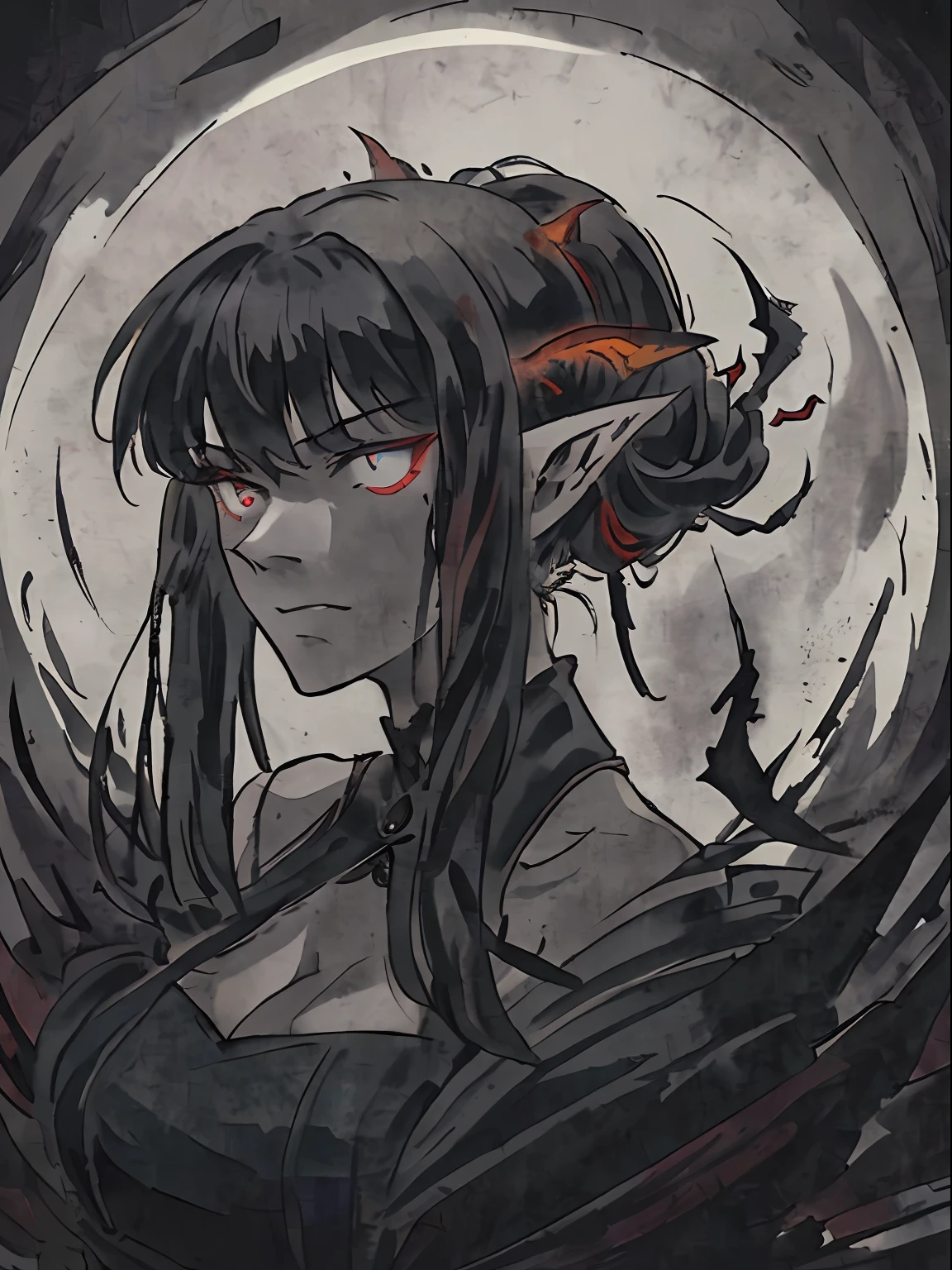 (masterpiece, best quality, ultra-detailed, best shadow), (highly detailed background, dark horror fantasy), (ultra beautiful detailed face), beautiful yet scary , dark sinister aura, evil sinister grin, puppet strings, horns, ancient mural, (highly detailed background, haunted forest), extremely sensual, perfect anatomy, high contrast, (best illumination, an extremely delicate and beautiful), ((cinematic light)), hyper detail, dramatic light, intricate details, (1 girl, solo, ancient, wearing long sleeveless dark damaged shredded gown, black flowing hair, sharp face, blue and red eyes, glowing eyes, hair between eyes, bangs, dynamic angle), (swirling black light around the character), depth of field, black light particles,(broken ice),magic circle, demon girl, ,elf ears, big boobs, deep cleavage, seductive gaze,