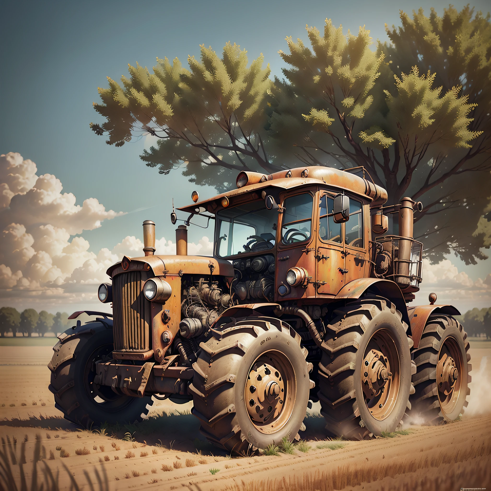 tractor with big open diesel engine, in the field, view from bottom, stempunk, dieselpunk, photorealistic, highly detailed, octane render, sunny atmosfhere