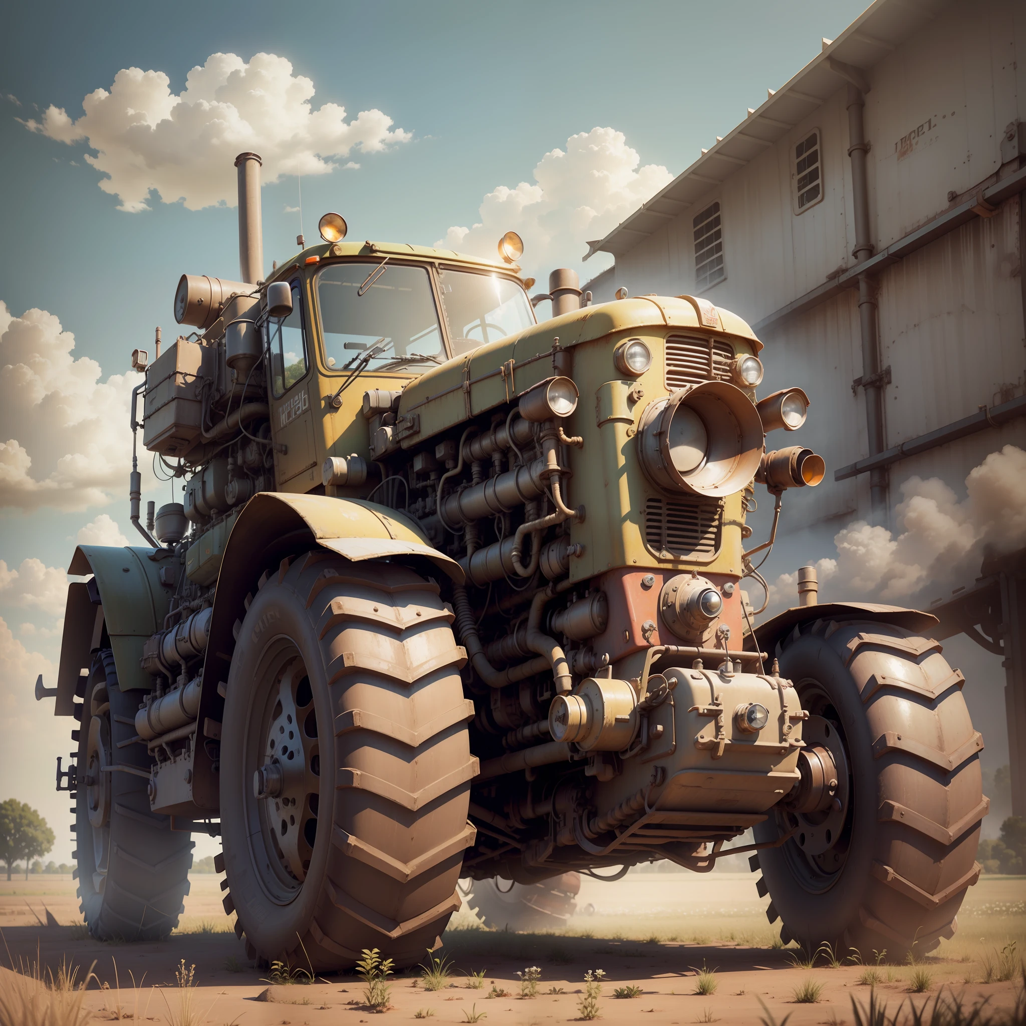 tractor with big open diesel engine, in the field, view from bottom, stempunk, dieselpunk, photorealistic, highly detailed, octane render, sunny atmosfhere