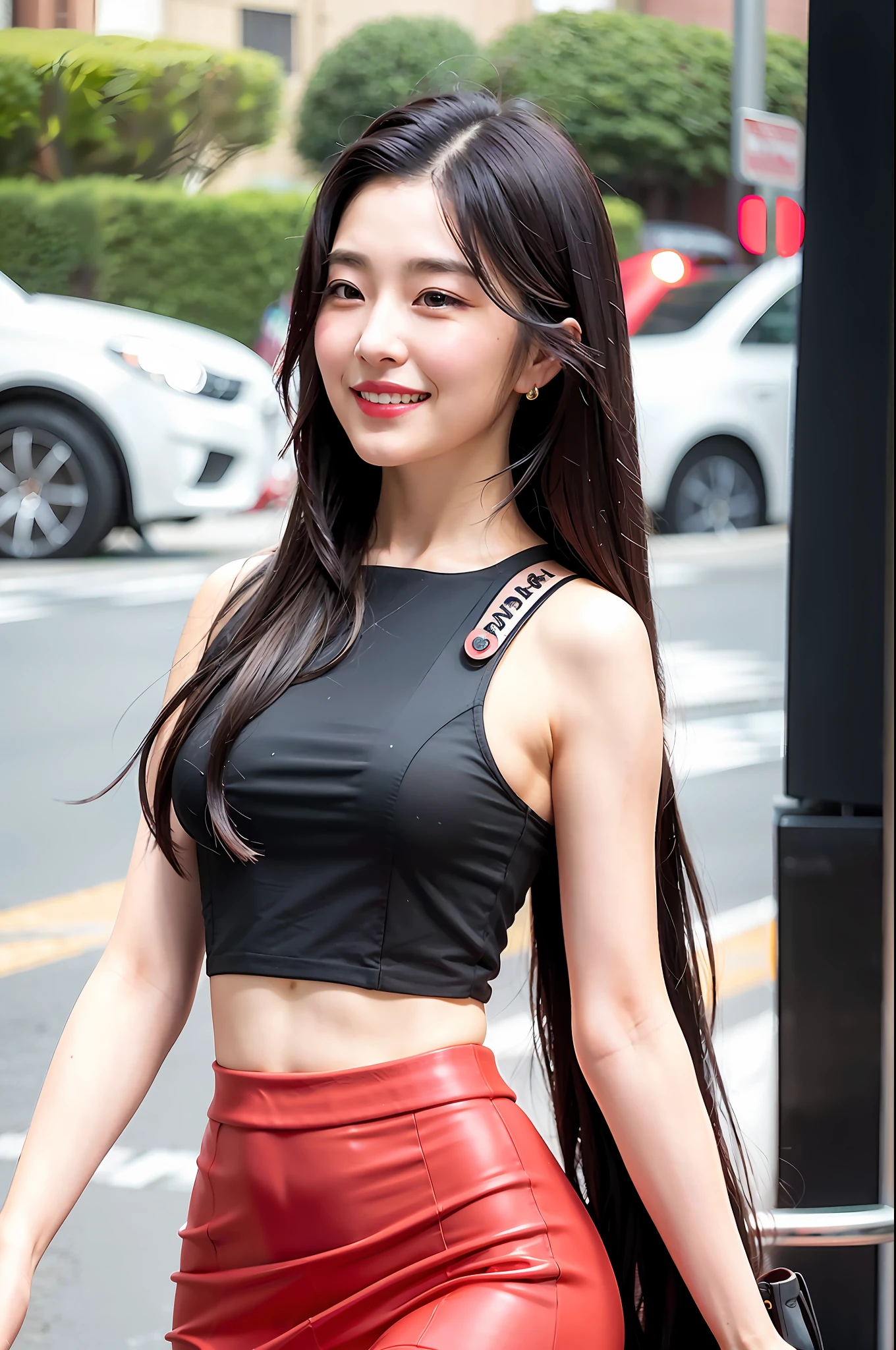 Long black hair, long wavy hair, red skirt, big breasts, looking at the camera with a smile, upper body