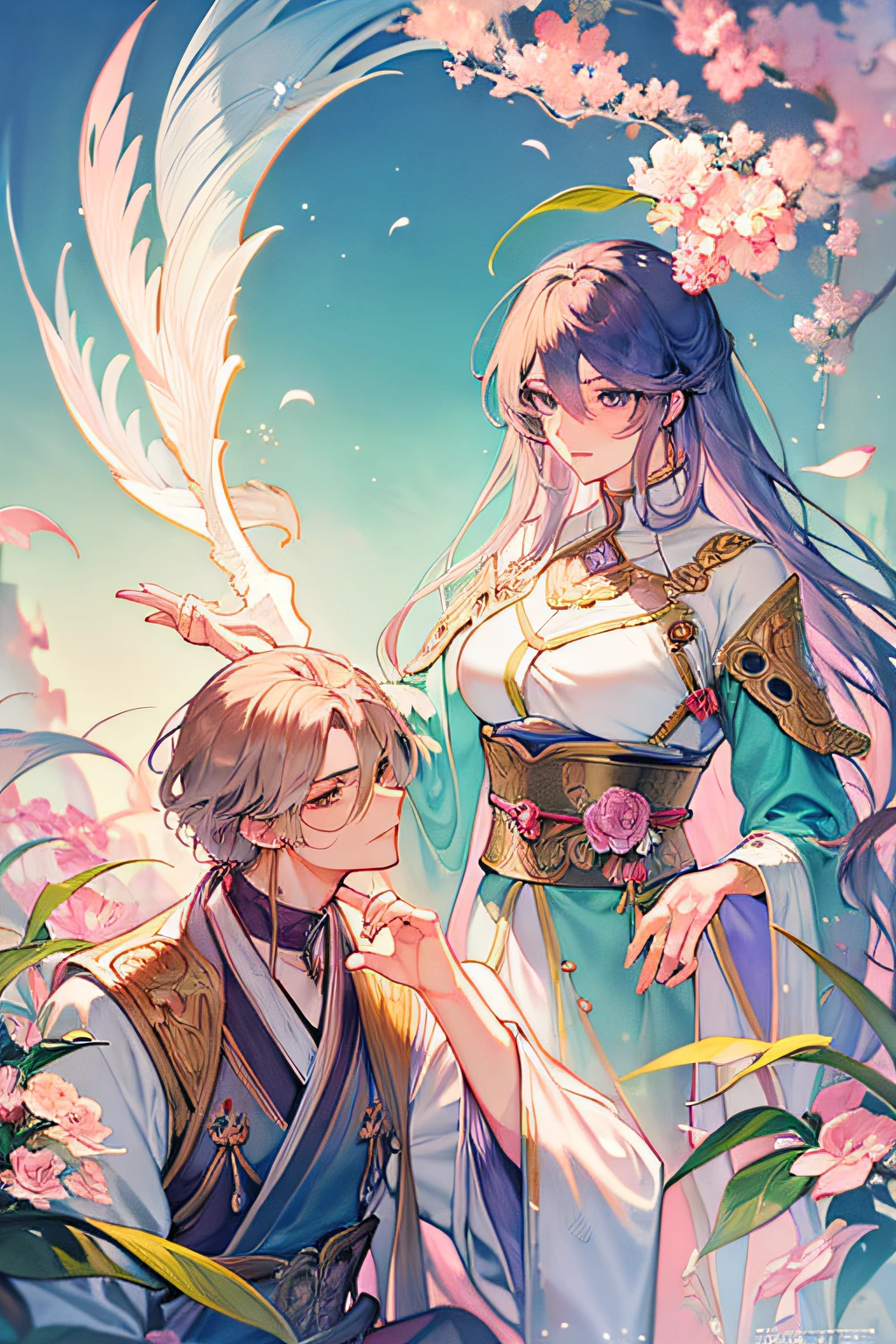 Anime, A Man and a Woman, Beautiful Fantasy Anime, WLOP and Sakimichan, Manga, Highly Detailed Exquisite Doujin Art, Kawacy, Sakimi, Beautiful Anime, Art Style in Bowater, Shoujo Romance, Dreams and Details, Alphonse Mucha and Roslavs, Korean Art Nouveau Style Anime, Beautiful Anime Art