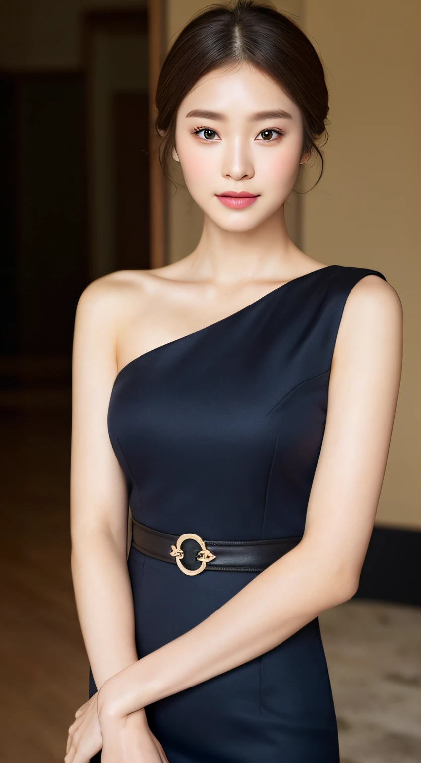 (A Korean Woman), 1girl, Realism, ((Best Quality, 8K, Masterpiece: 1.3)), Nikon camera, camera aperture F1.2, photo texture, soft light, fine skin texture, fine fabric texture, fine eyelashes, long eyelashes, big breasts, exposed cleavage, (close-up of breasts), an elegant dress, such as a black or dark blue slim dress, paired with a pair of mid-heeled heels, can enhance the temperament. Wear it with a simple cropped jacket for added layers and professionalism. With a simple and elegant handbag, it looks more decent. Hairstyle can choose simple and neat low ponytail or smart middle straight hair, hair color should choose natural brown or black, skin tone should choose natural base makeup, with light color eyeshadow and lipstick, look more decent and delicate, (snow white skin), whiten skin, smile