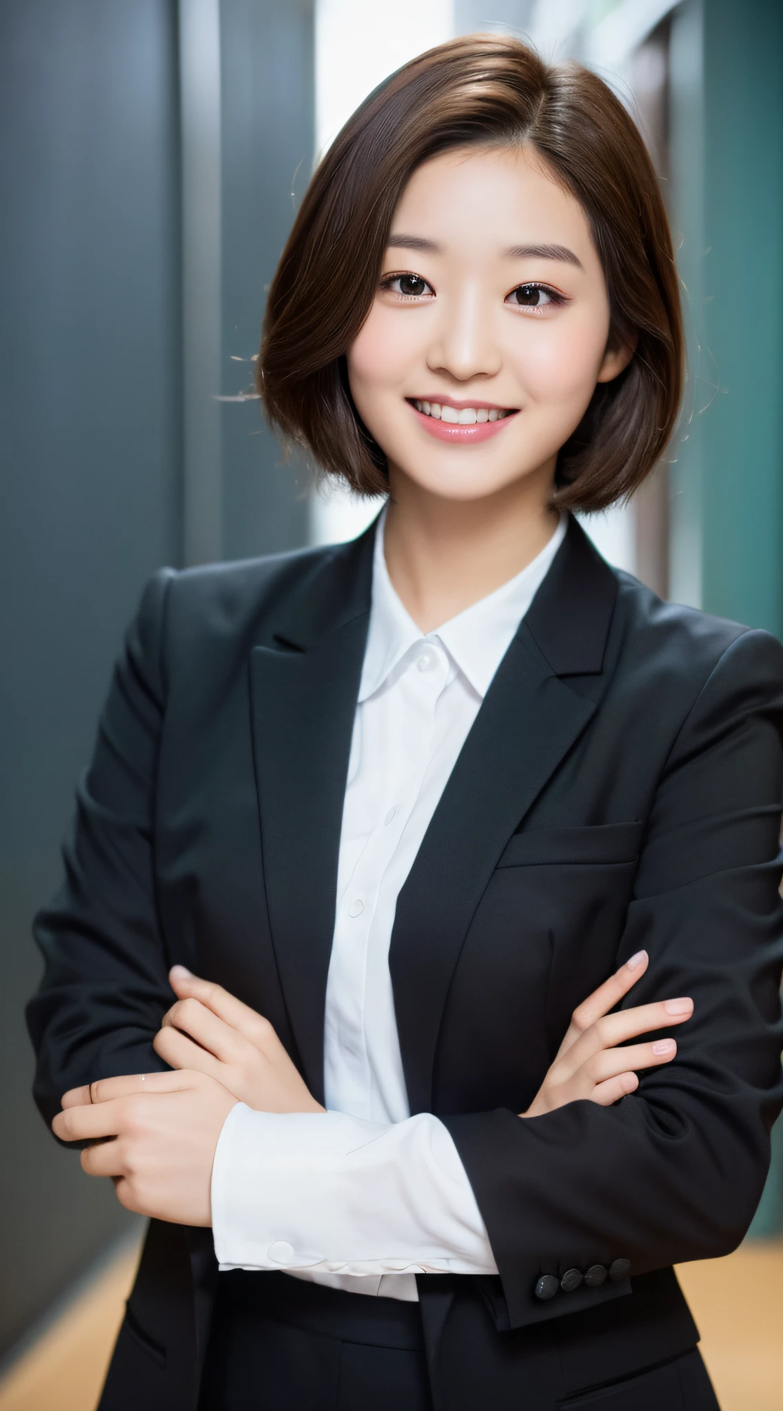 ((Realistic lighting, Best Quality, 8K, Masterpiece: 1.3)), Focus: 1.2, 1 Girl, Perfect Figure: 1.4, ((Dark Brown Hair)), (White Dress: 1.4), (Outdoor, Night: 1.1), City Street, Ultra Fine Face, Narrow Eyes, Double Eyelids, Japan Person, Female Teacher, White Shirt, Black Suit, Black Eyes, Smile, Short Hair, Blackboard, Classroom, Face Up (Best Quality)