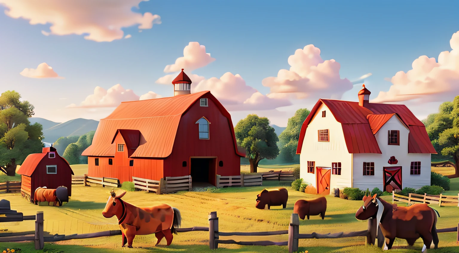 Farm scene with animals in the background, beautiful red barn, and a white house, sunny day