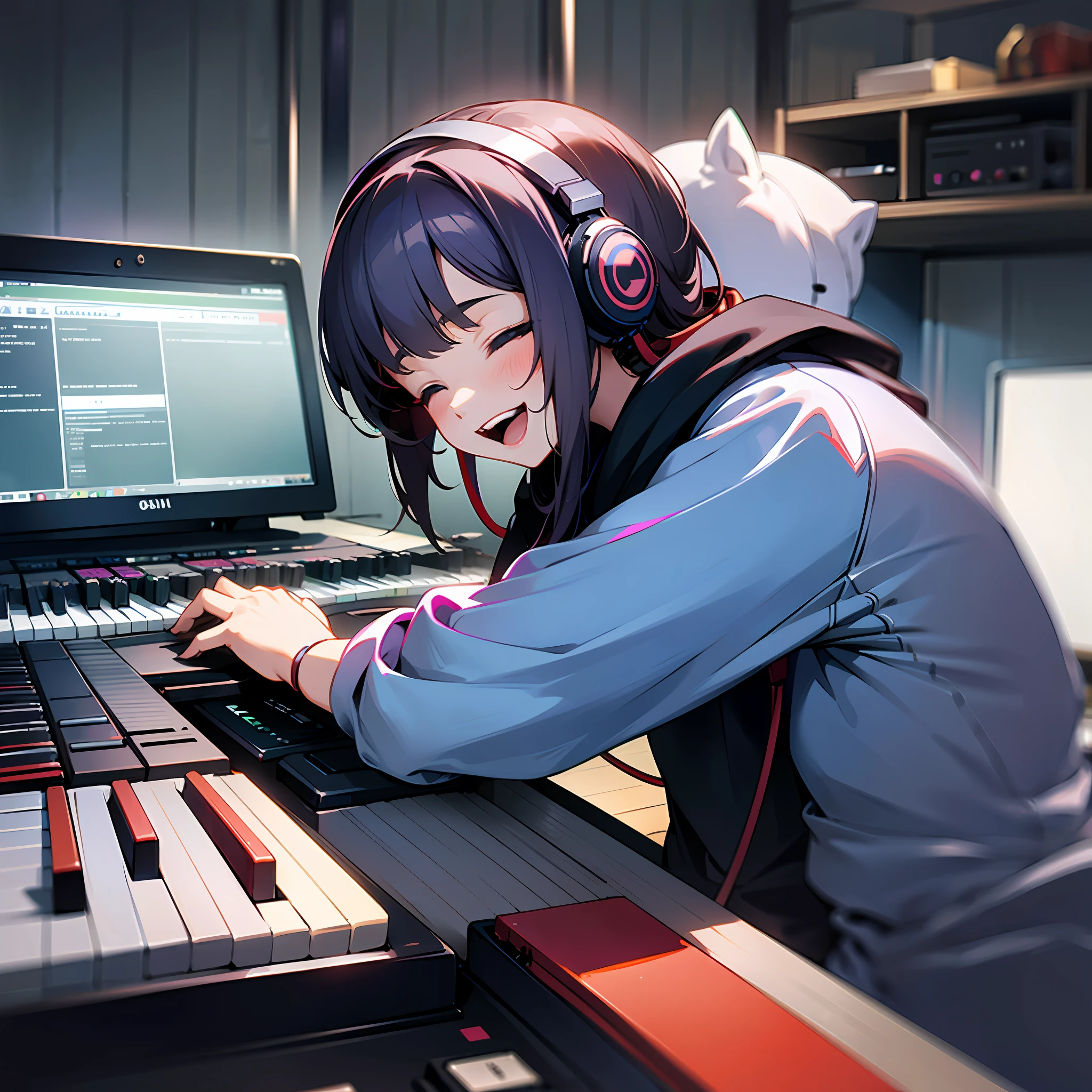 girl, , room full of modular synths, playing keyboard, fun, laughing, headphones, cable