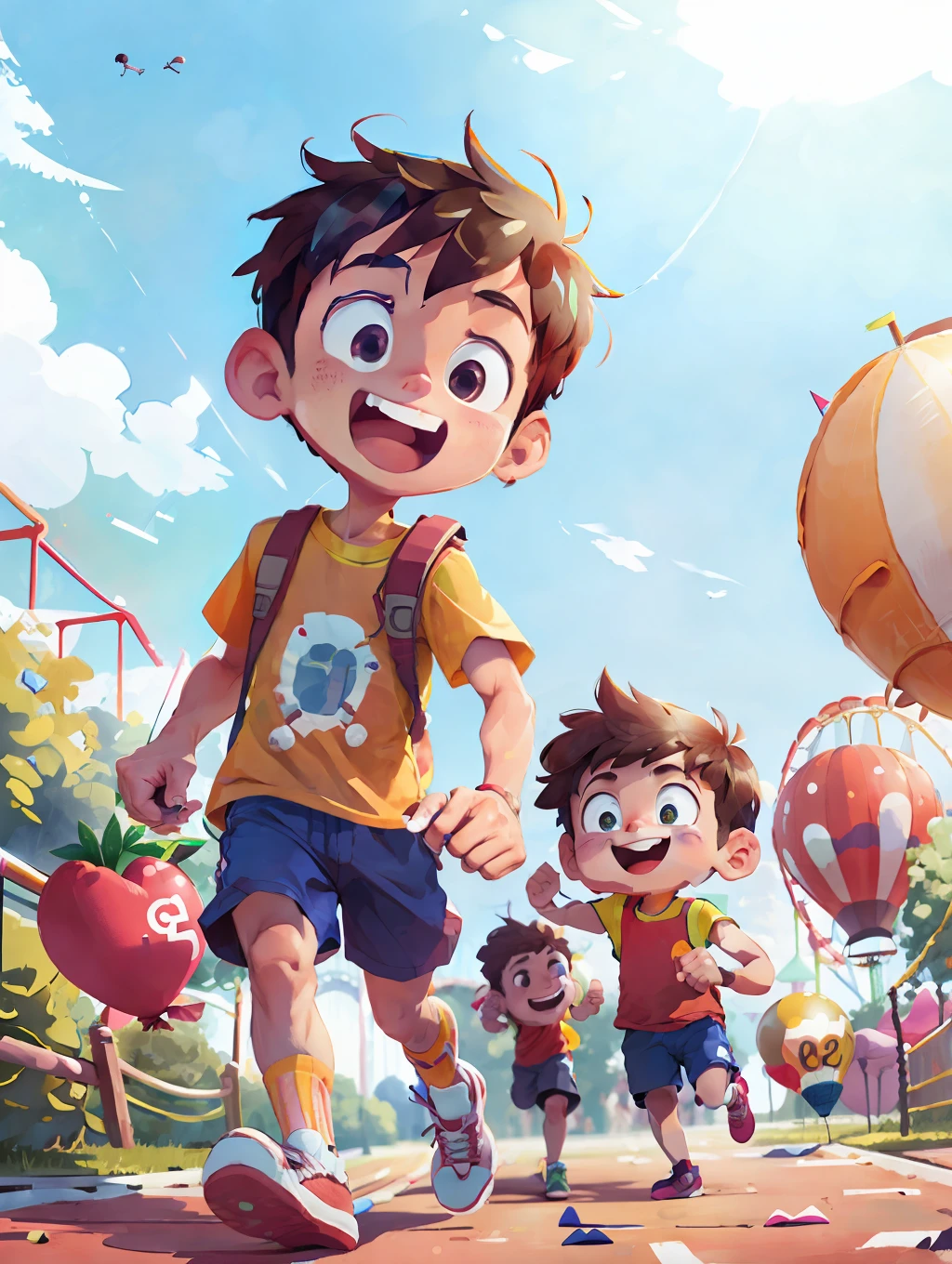 (SFW), two running boys, amusement park, holding balloons, happy, happy, perfect quality, clear focus, colorful, perfect face, intricate details, ultra-low viewing angle, wide angle lens --v 6