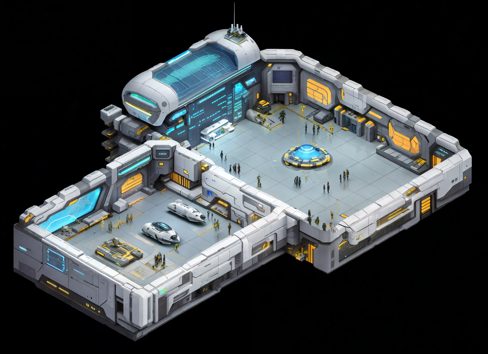Futuristic space station close-up with large windows, futuristic base, isometric futuristic game, futuristic lab, futuristic production facility, sci-fi base, sci-fi architecture. Isometric view, futuristic army base interior, futuristic outpost building, sci-fi engine room living room, detailed spaceship interior, sci-fi room, sci-fi space station, spaceship hangar, futuristic science lab, 4k, halo, smooth white themed wall