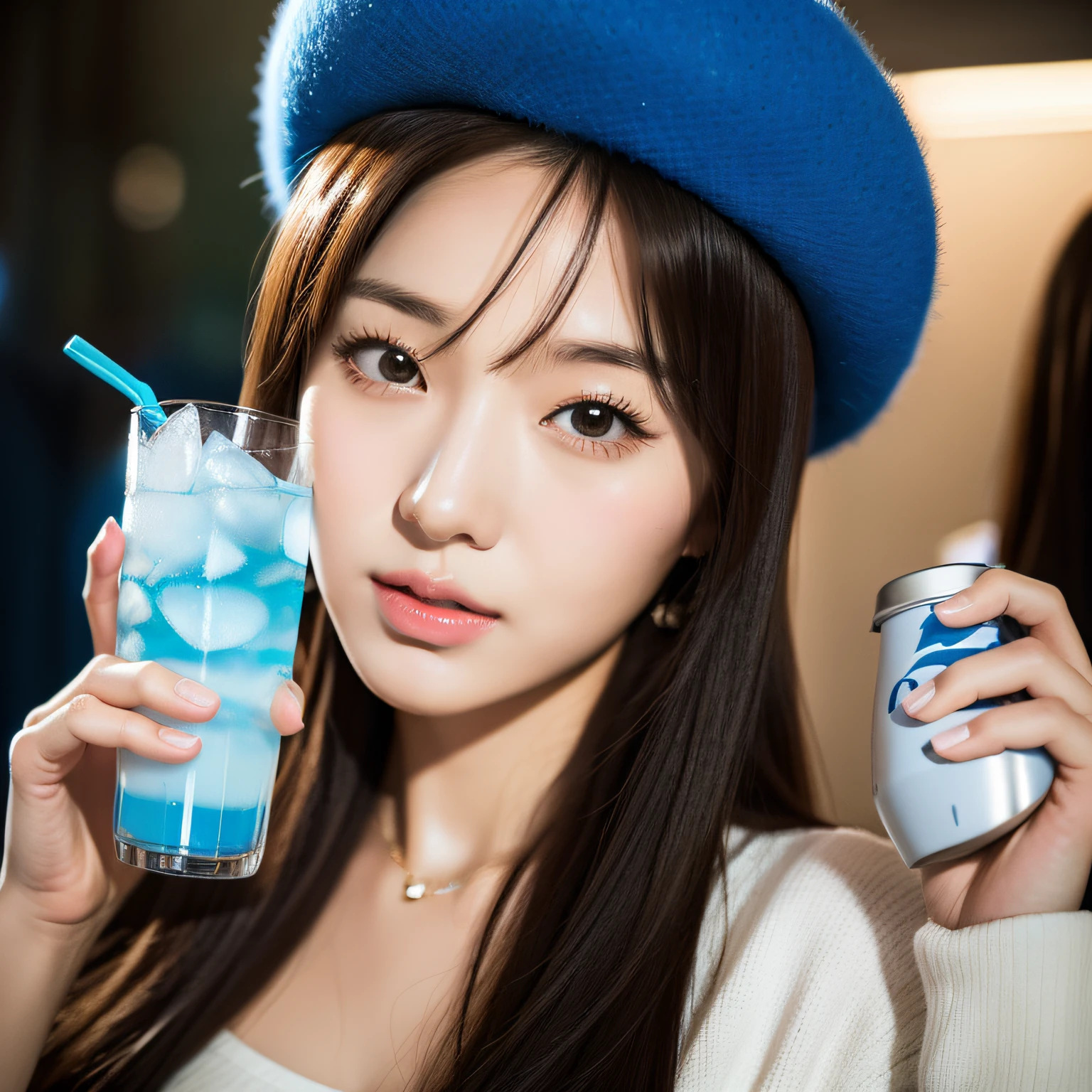 woman with long hair wearing a blue hat and holding a drink, korean girl, anime thai girl, beautiful south korean woman, anime girl in real life, ulzzang, beautiful young korean woman, artwork in the style of guweiz, gorgeous young korean woman, jaeyeon nam, chinese girl, photorealistic!!!!!!! art style, realistic anime 3 d style