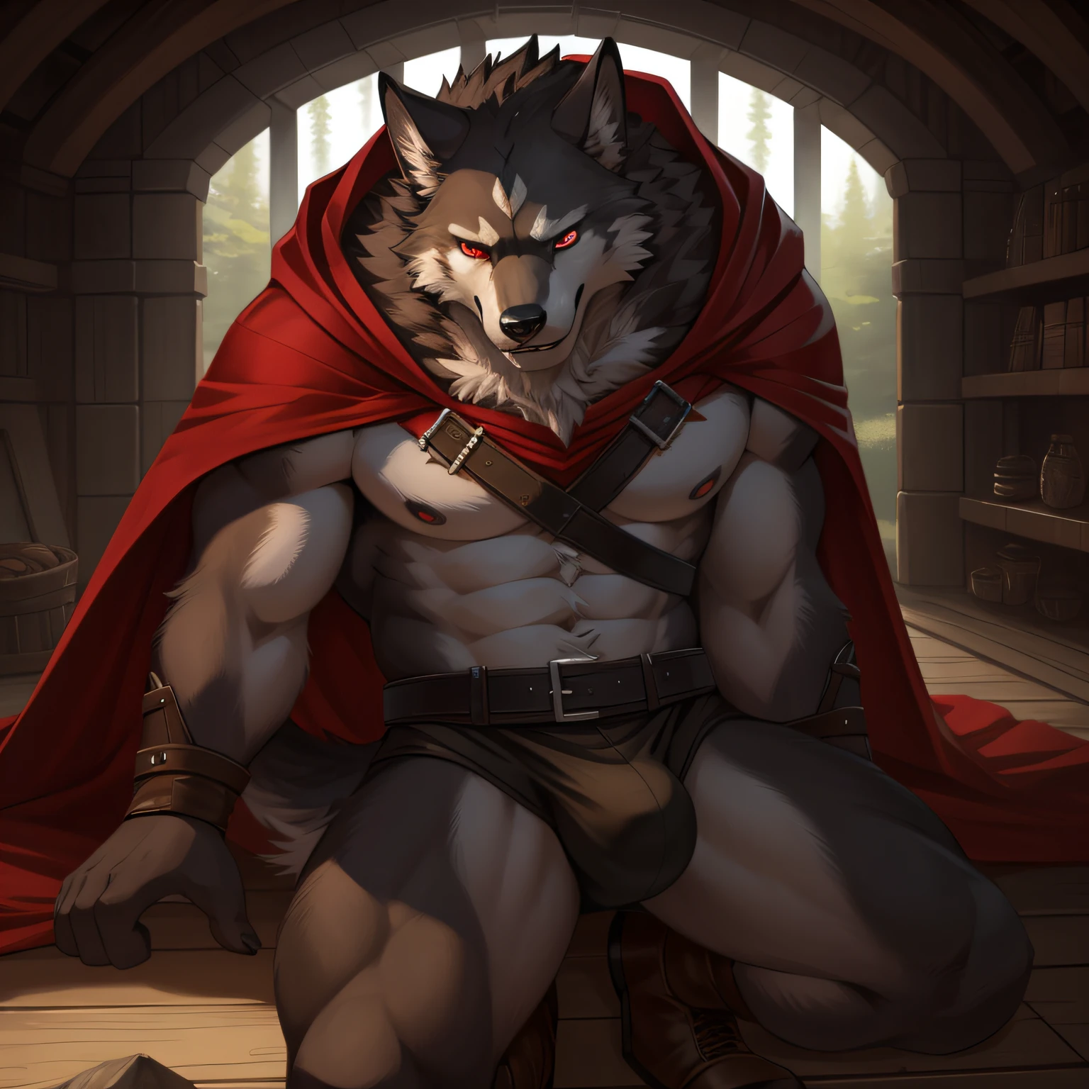 ((ultra realistic, masterpiece, cinematic lighting, extreme detail, realistic detailed fur, realistic shaders)) (by rukis, by honovy, by personalami, by blotch), male, solo, anthro, wolf, death \(puss in boots\), red eyes, black sclera, long mouth, white body, facial markings, cape, hood, belt, naked, fluffy, looking at viewer, big bulge