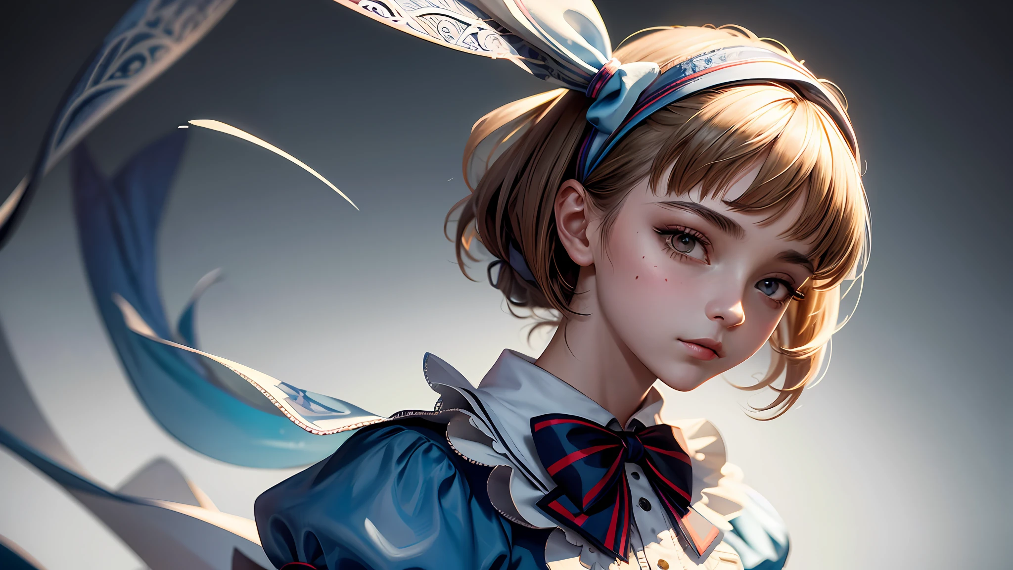 1girl, masterpiece, best quality, 8k, detailed skin texture, detailed cloth texture, beautiful detailed face, intricate details, ultra detailed, Alice in Wonderland, (a bow on her head:1.1), upper body