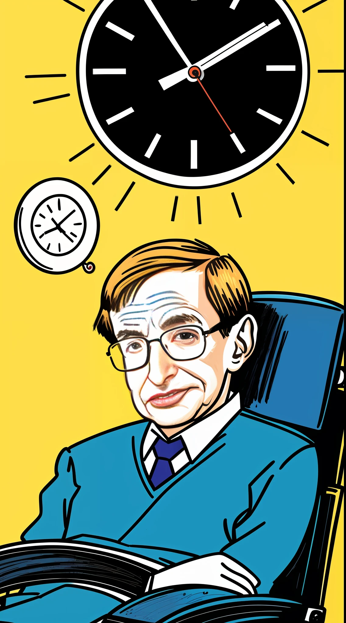 Illustrate a comic-style image of Stephen Hawking waiting for guests who never arrive, with a clock on the wall showing the passing time.