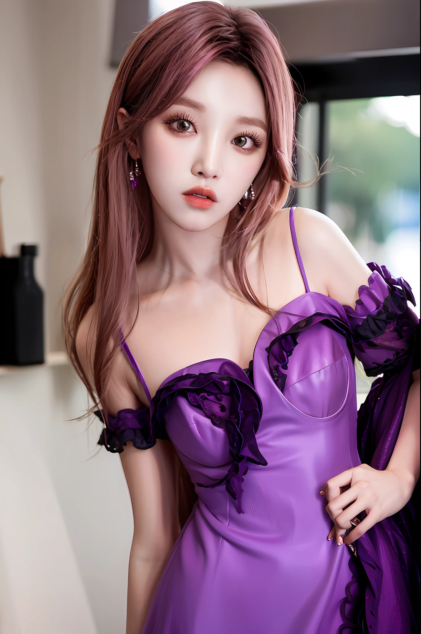 Pink wavy long hair, purple long dress, upper body, 1 girl