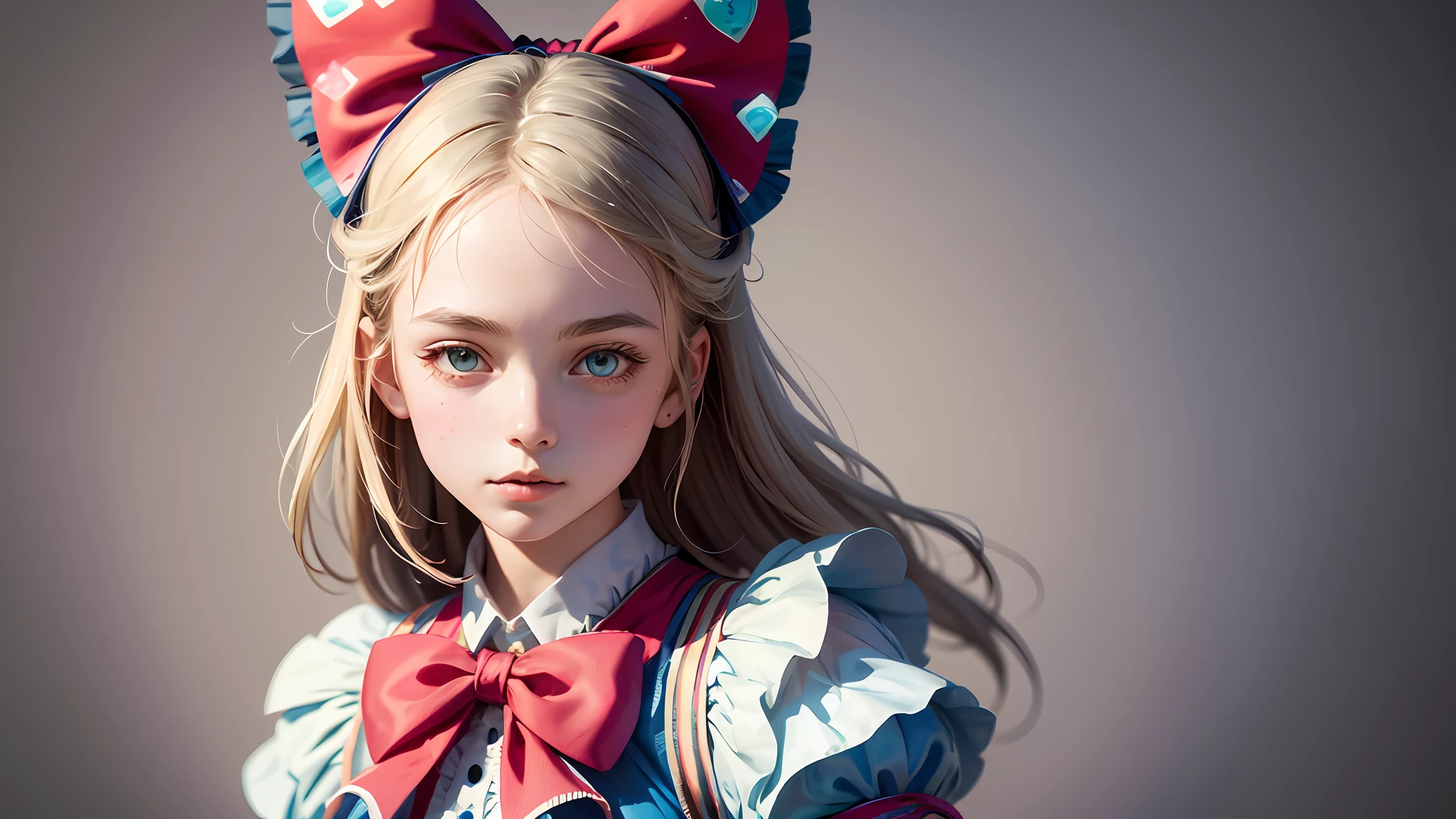 1girl, masterpiece, best quality, 8k, detailed skin texture, detailed cloth texture, beautiful detailed face, intricate details, ultra detailed, Alice in Wonderland, (a bow on her head:1.1), upper body