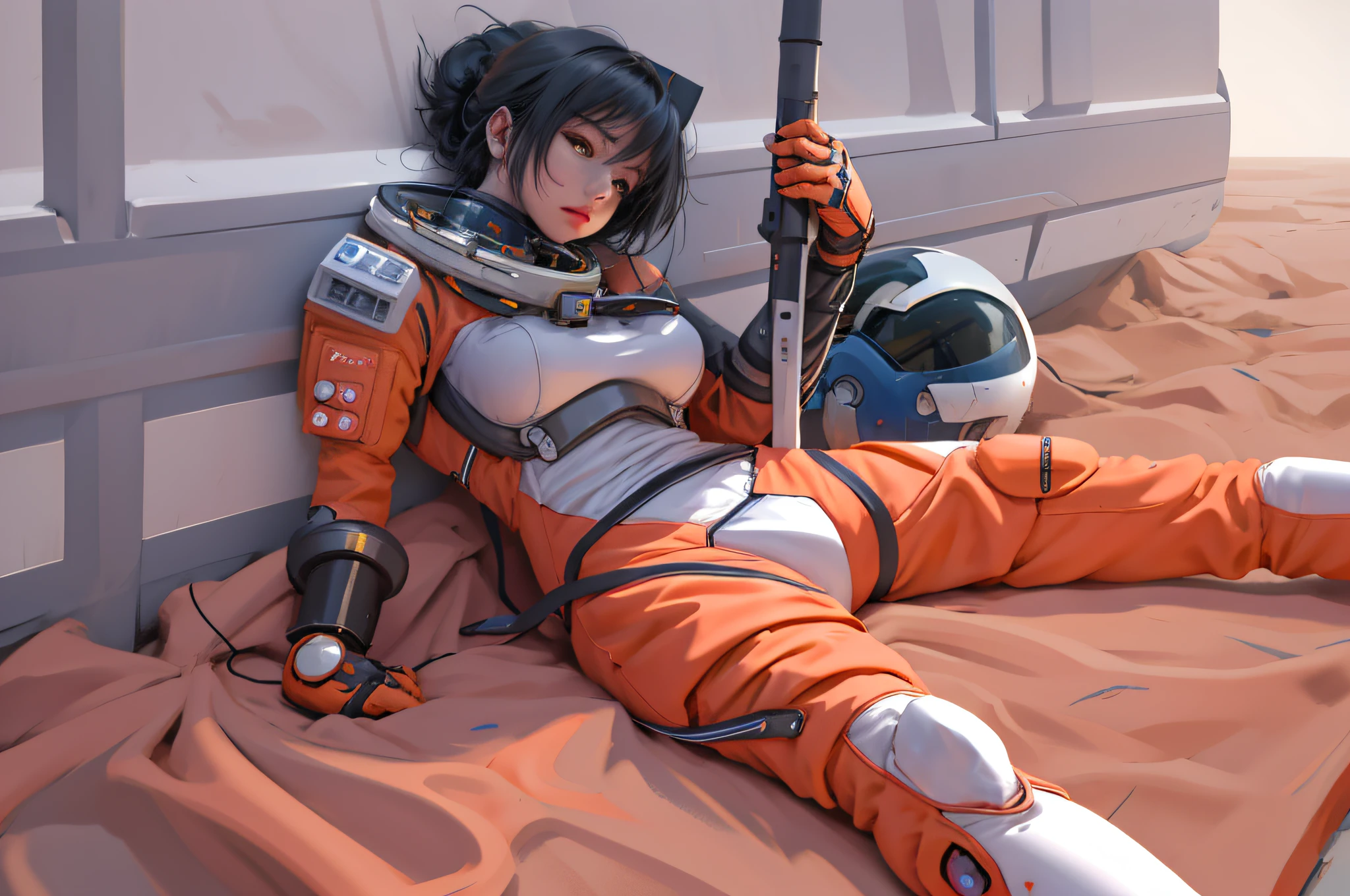 Anime girl lying on the ground in orange and white clothes, resting after a difficult mission, discarded mech in background, wearing a spacesuit, wearing a spacesuit, portrait armored astronaut girl, portrait anime space cadet girl, dusty spacesuit, inspired by Masamune Shirow, wearing a spacesuit, wearing a spacesuit, astronaut stranded on the planet, killed in battle, corpse bloodstained