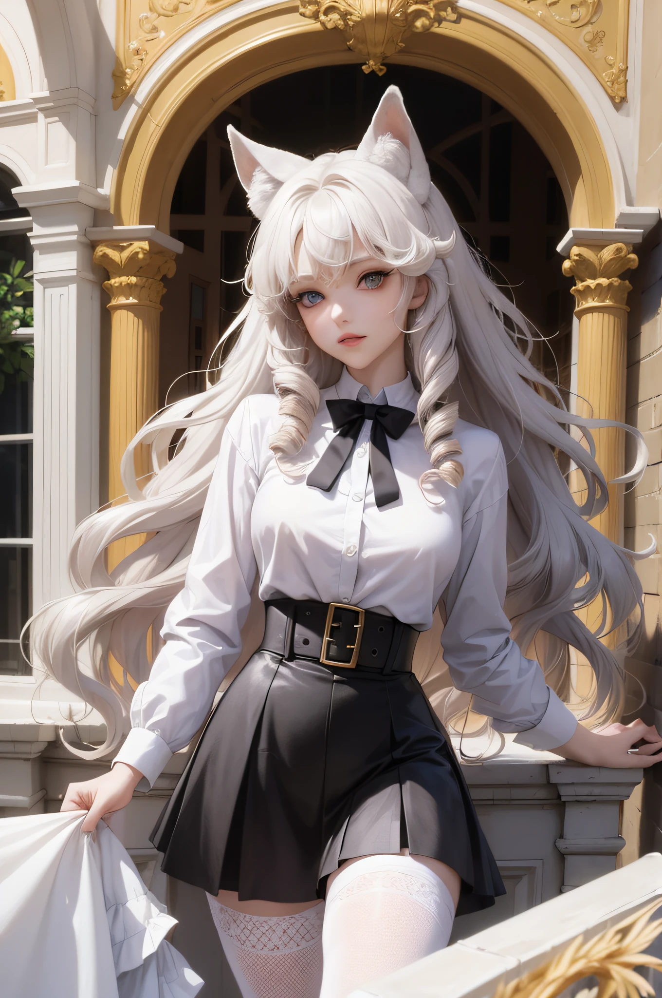 Woman with ,golden curly hair,Blue eyes,white fox ears, in a white shirt, black skirt and fishnet stockings,
