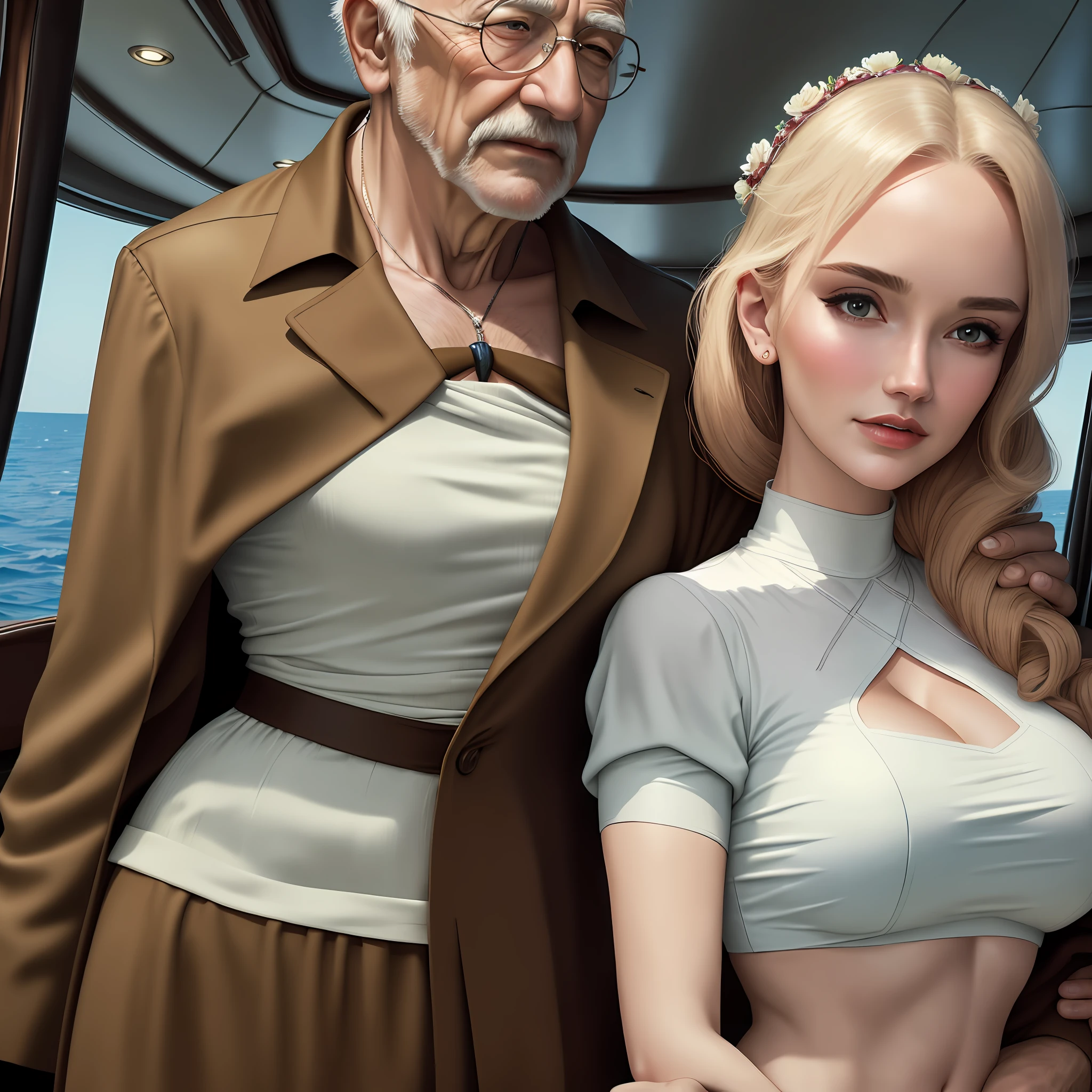 A luxury yacht, a big-breasted maiden kissing an old man, crop top, maxula, big-breasted girl, best quality, masterpiece, high resolution, photos, high resolution 4K, 8k,