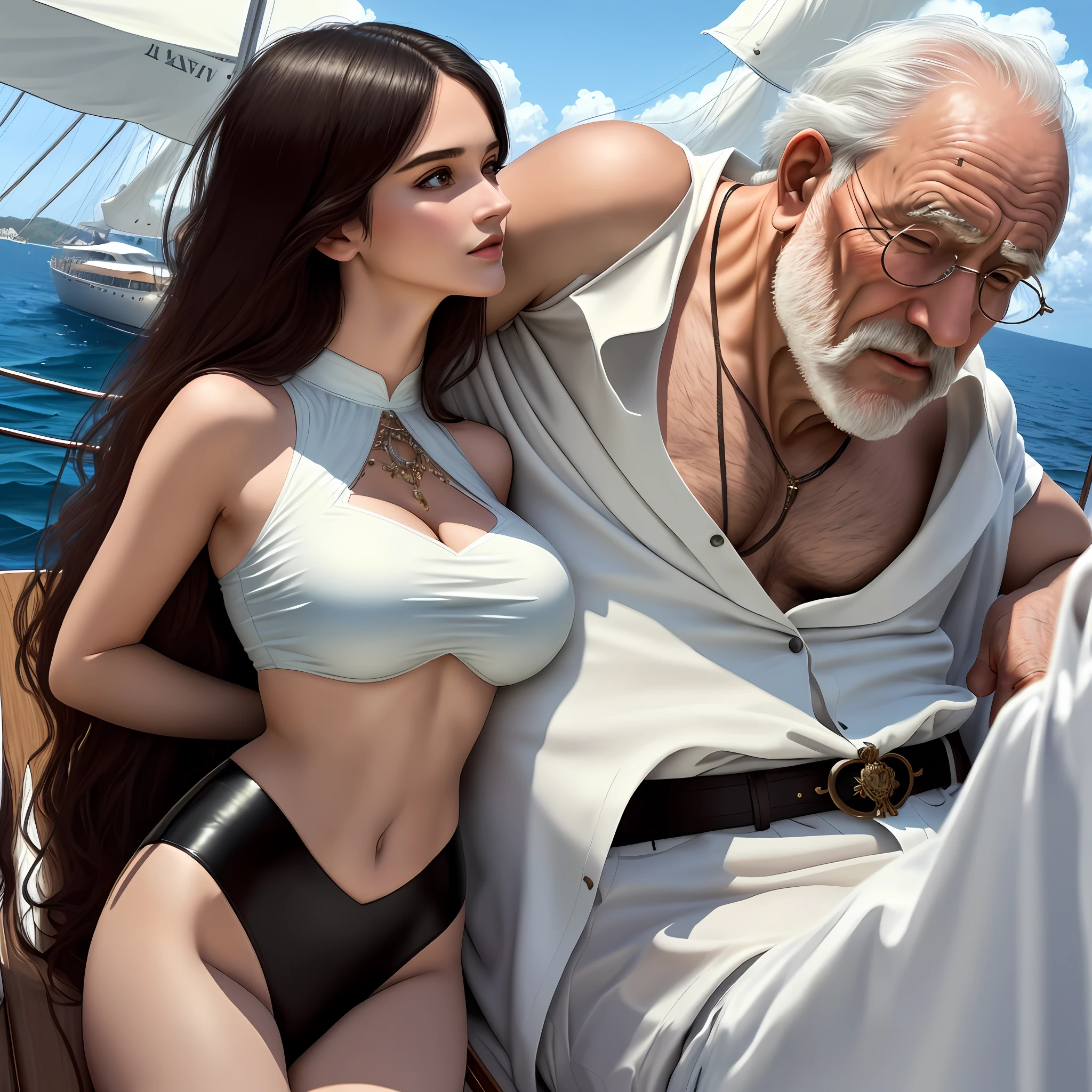 A luxury yacht, a big-breasted maiden kissing an old man, crop top, maxula, big-breasted girl, best quality, masterpiece, high resolution, photos, high resolution 4K, 8k,