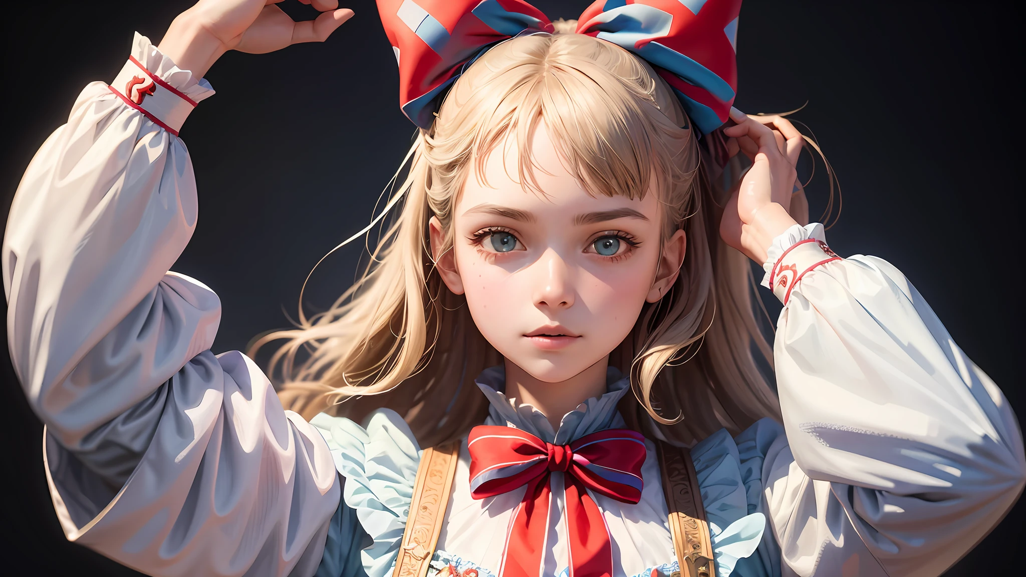 1girl, masterpiece, best quality, 8k, detailed skin texture, detailed cloth texture, beautiful detailed face, intricate details, ultra detailed, Alice in Wonderland, (a bow on her head:1.1), upper body