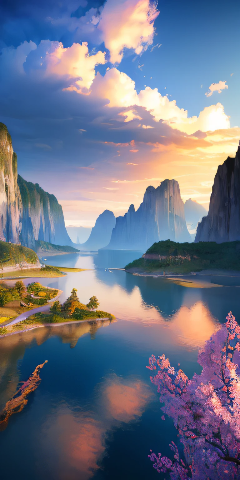 Masterpiece, best quality, high quality, extremely detailed CG unity 8k wallpaper, landscape, outdoor, sky, clouds, sky cliffs, nature, lake, river, cloudy sky, bloom, chromatic aberration, realism, very detailed, high detail, dramatic, midway art
