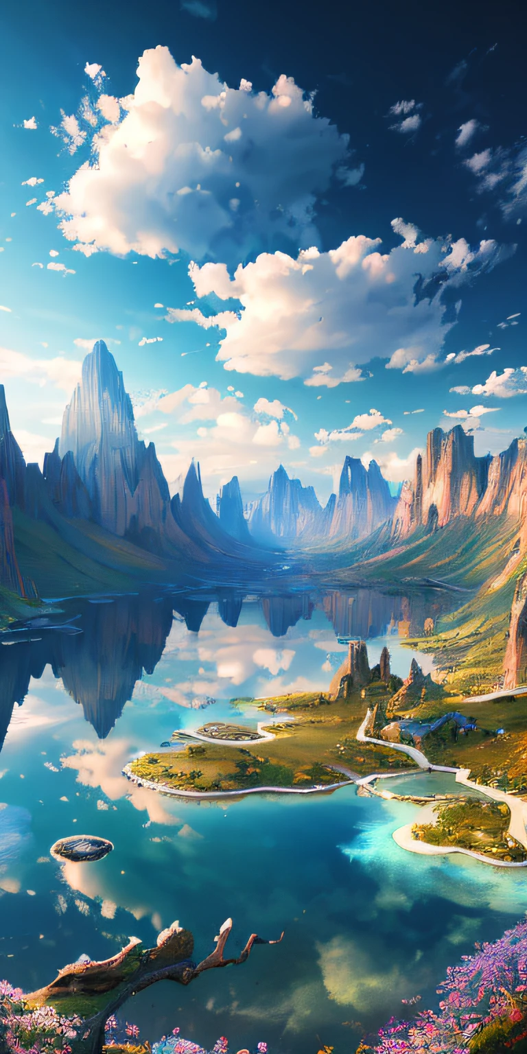 Masterpiece, best quality, high quality, extremely detailed CG unity 8k wallpaper, landscape, outdoor, sky, clouds, sky cliffs, nature, lake, river, cloudy sky, bloom, chromatic aberration, realism, very detailed, high detail, dramatic, midway art