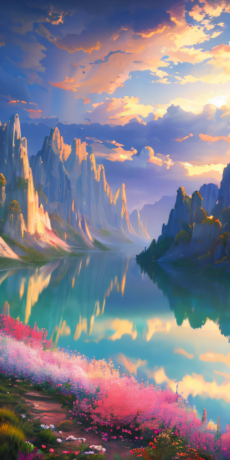 Masterpiece, best quality, high quality, extremely detailed CG unity 8k wallpaper, landscape, outdoor, sky, clouds, sky cliffs, nature, lake, river, cloudy sky, bloom, chromatic aberration, realism, very detailed, high detail, dramatic, midway art