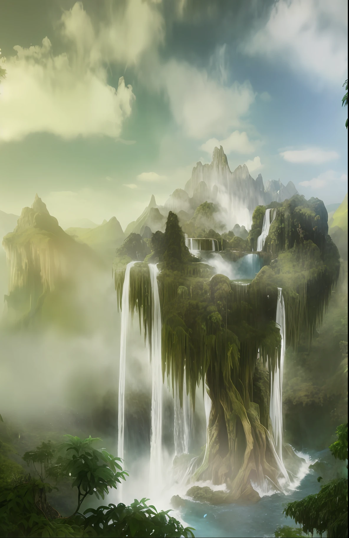 there is a waterfall in the middle of a forest with a waterfall in the middle, made of tree and fantasy valley, matte painting in fantasy style, fantasy scenic, impressive fantasy landscape, epic dreamlike fantasy landscape, epic matte painting of an island, floating and flying island, fantasy landscape, fantasy matte painting,cute, mystical fantasy landscape, extravagant matte painting
