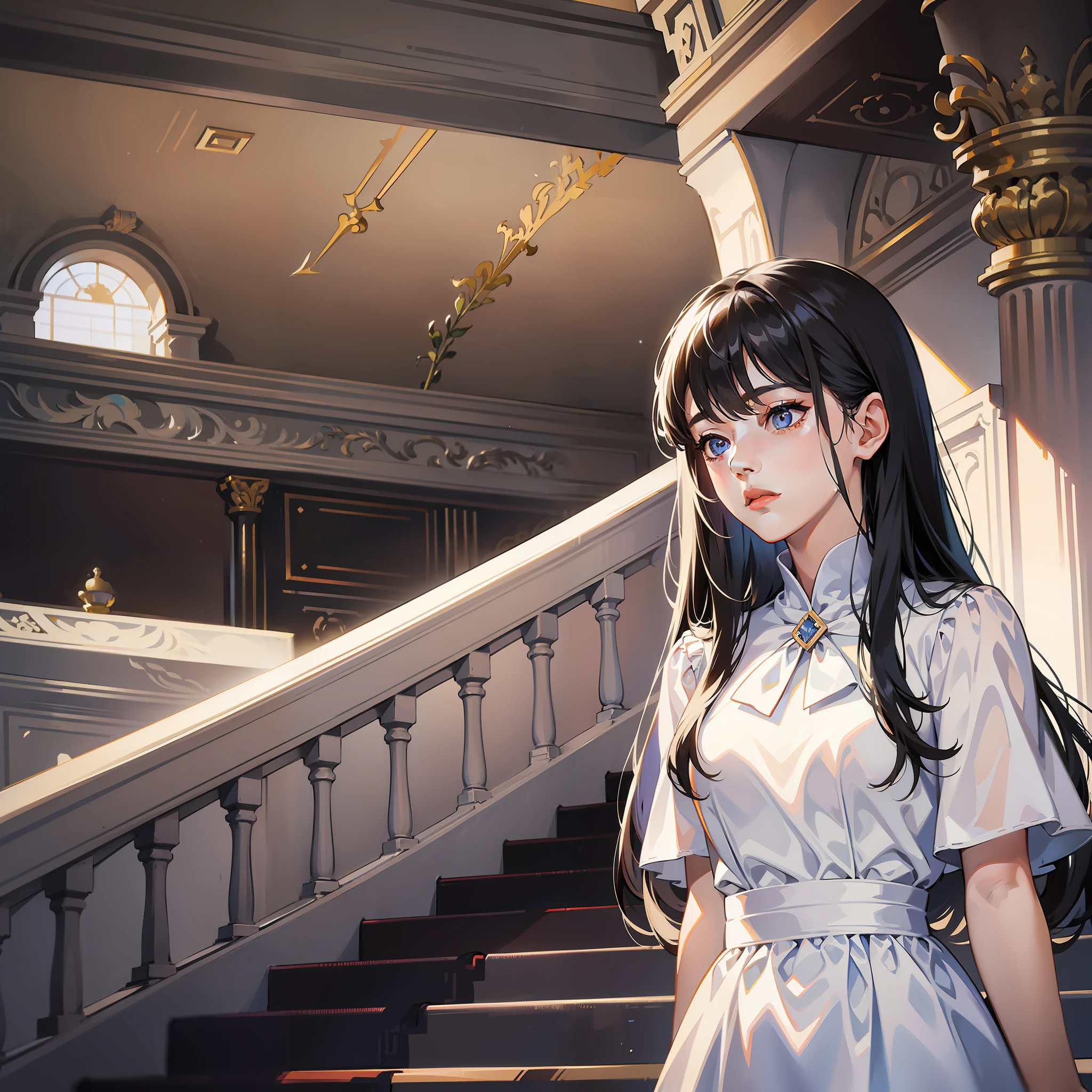 Girl, fine eyes, wearing white dress, stage staircase background, long black hair, bangs, vista, sadness, speech movements