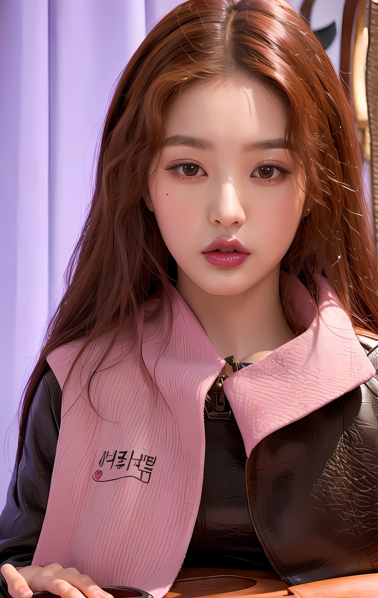 (Realism:1.5), nsfw, masterpiece, super high resolution, very detailed, korean girl, amazing, fine detail, huge file size, jwy2, portrait, model, long pink hair, purple leather jacket, upper body