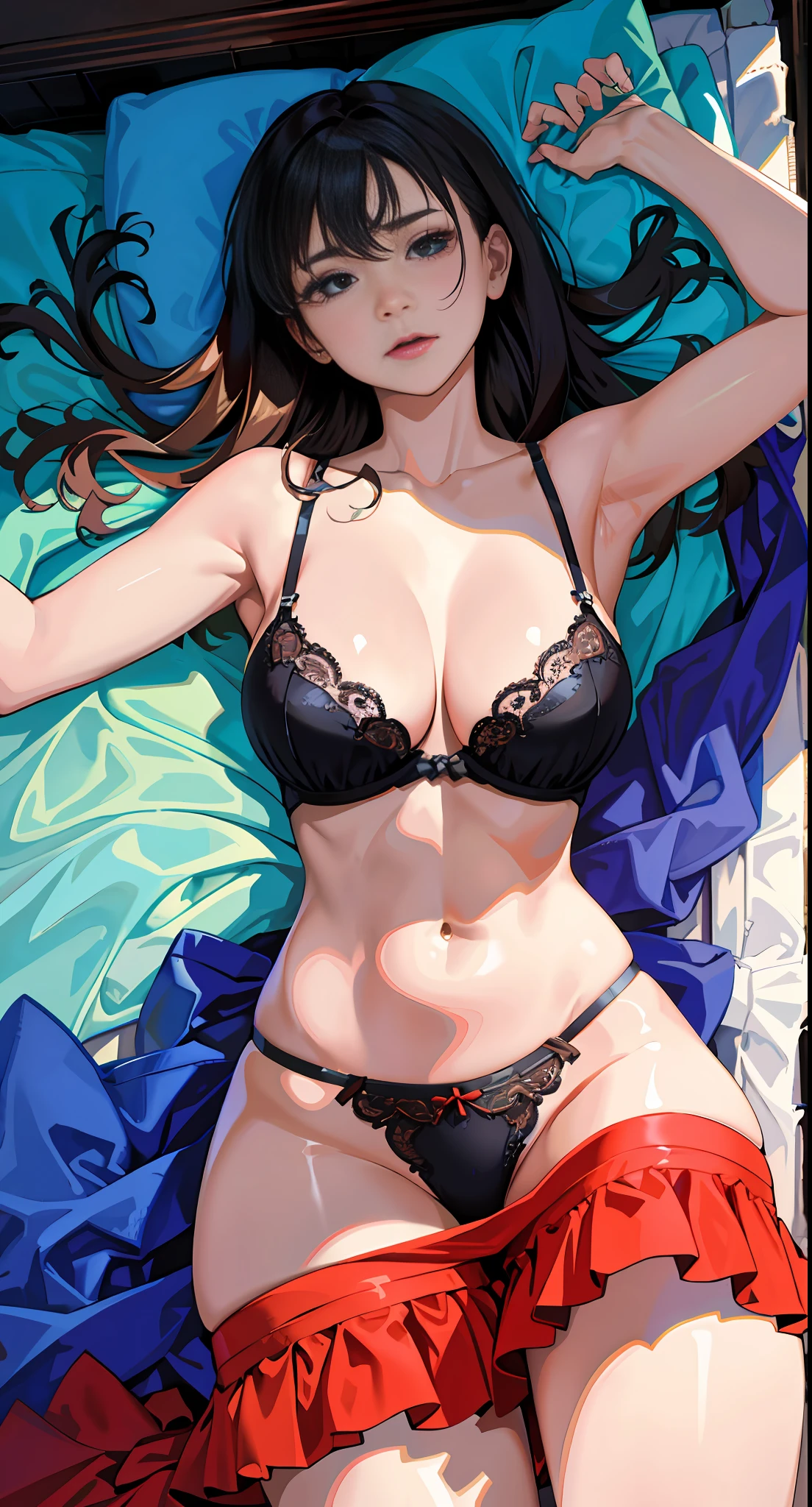 masterpiece, top quality, high resolution, solo, big, indoors, misaligned bra, side tie t-back, lying down, from above, open arms, anger, bed, disheveled underwear, rough breath, sexual expression, oral