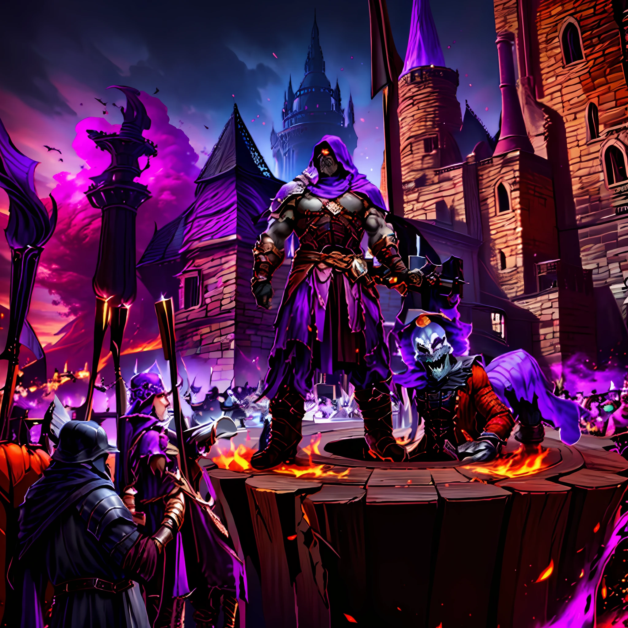 executioner standing on a pedestal with fire in the background, purple fire around magic arena, heroes of might and magic, scary knight, lord of ashes, art style darksiders, Disney villain, darksiders style, wizard fighting golem, medieval jester head on stump, combat fantasy image, Anor Londo, epic masterpiece Torment, Halloween theme Darksiders