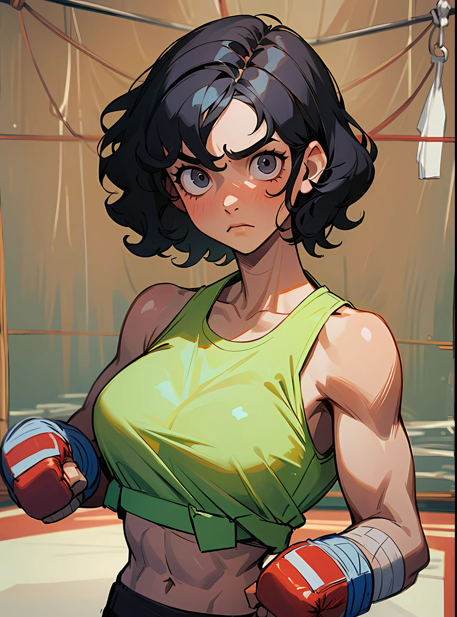 (Best Quality, Masterpiece), 1girl, black curly hair, black hair, short hair, bandages on hands, a boxer, boxing training room, hitting sandbags, serious eyes, muscles, sports vest,