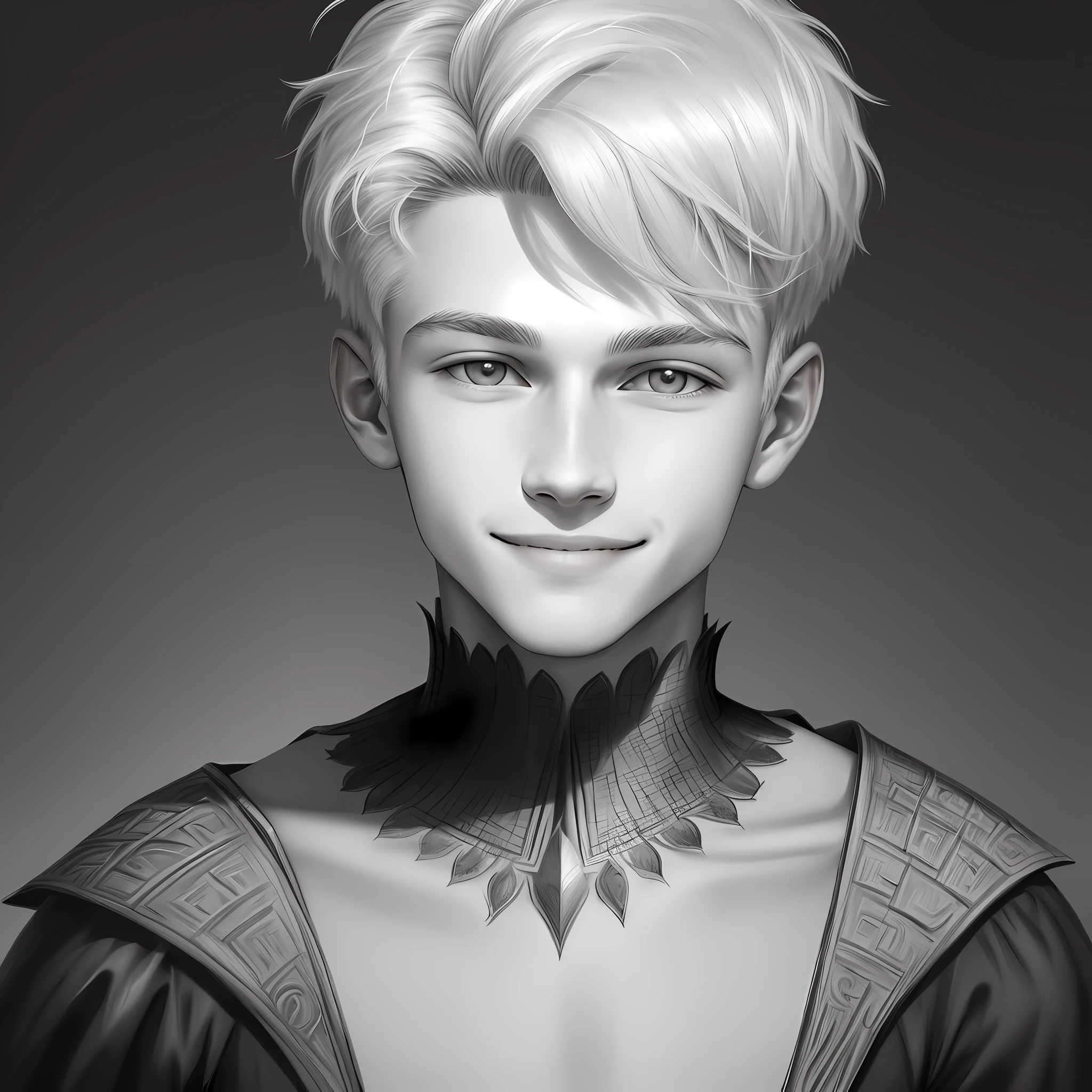 Black and white pencil drawing, clarity, portrait, young guy, 18 years old, light gray hair, short haircut, eyes, smiling, crown, realism, fantasy