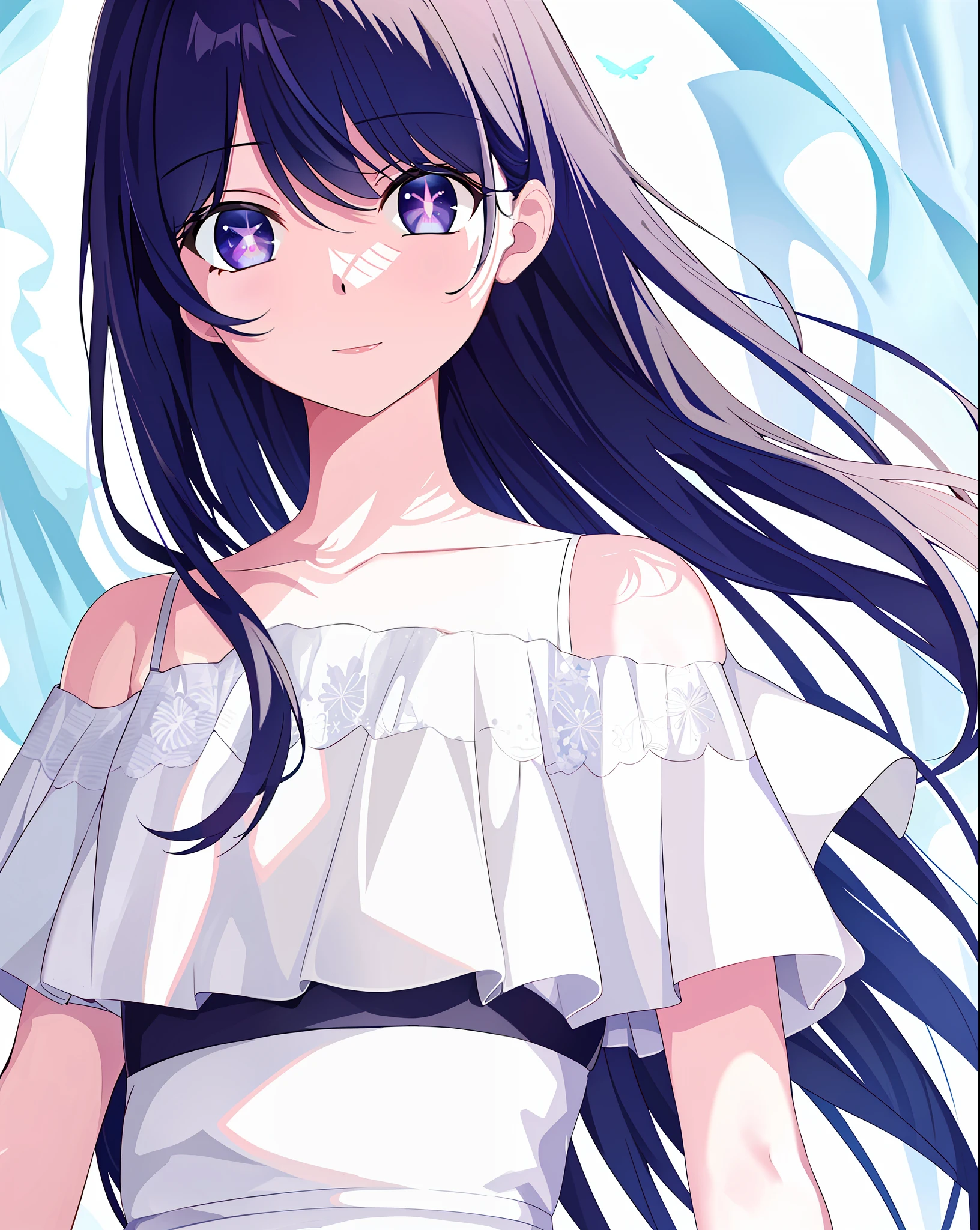 ((masterpiece,best quality)),1girl,solo, hoshino ai,
ultra detailed eyes, upper body, white dress, bare shoulders,