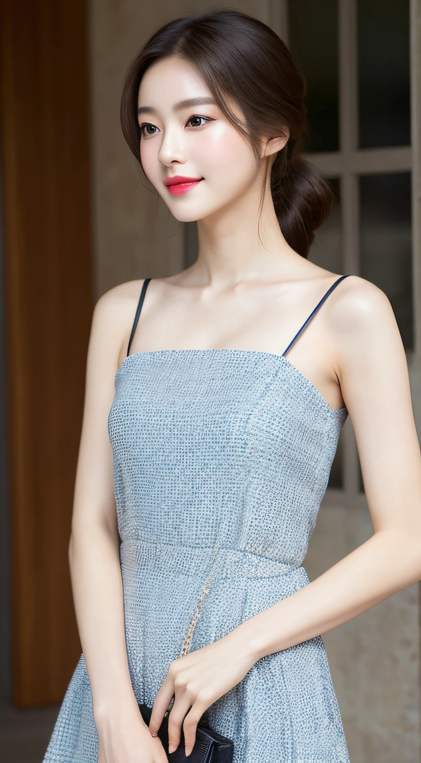 (A Korean woman), 1girl, realism, ((best quality, 8k, masterpiece: 1.3)), Nikon camera, camera aperture F1.2, photo texture, soft light, fine skin texture, fine fabric texture, fine eyelashes, long eyelashes, an elegant dress, such as a black or dark blue slim dress, paired with a pair of mid-heeled heels, can enhance the temperament. Wear it with a simple cropped jacket for added layers and professionalism. With a simple and elegant handbag, it looks more decent. Hairstyle can choose simple and neat low ponytail or smart middle straight hair, hair color should choose natural brown or black, skin tone should choose natural base makeup, with light color eyeshadow and lipstick, look more decent and delicate, (snow white skin), whiten skin, smile