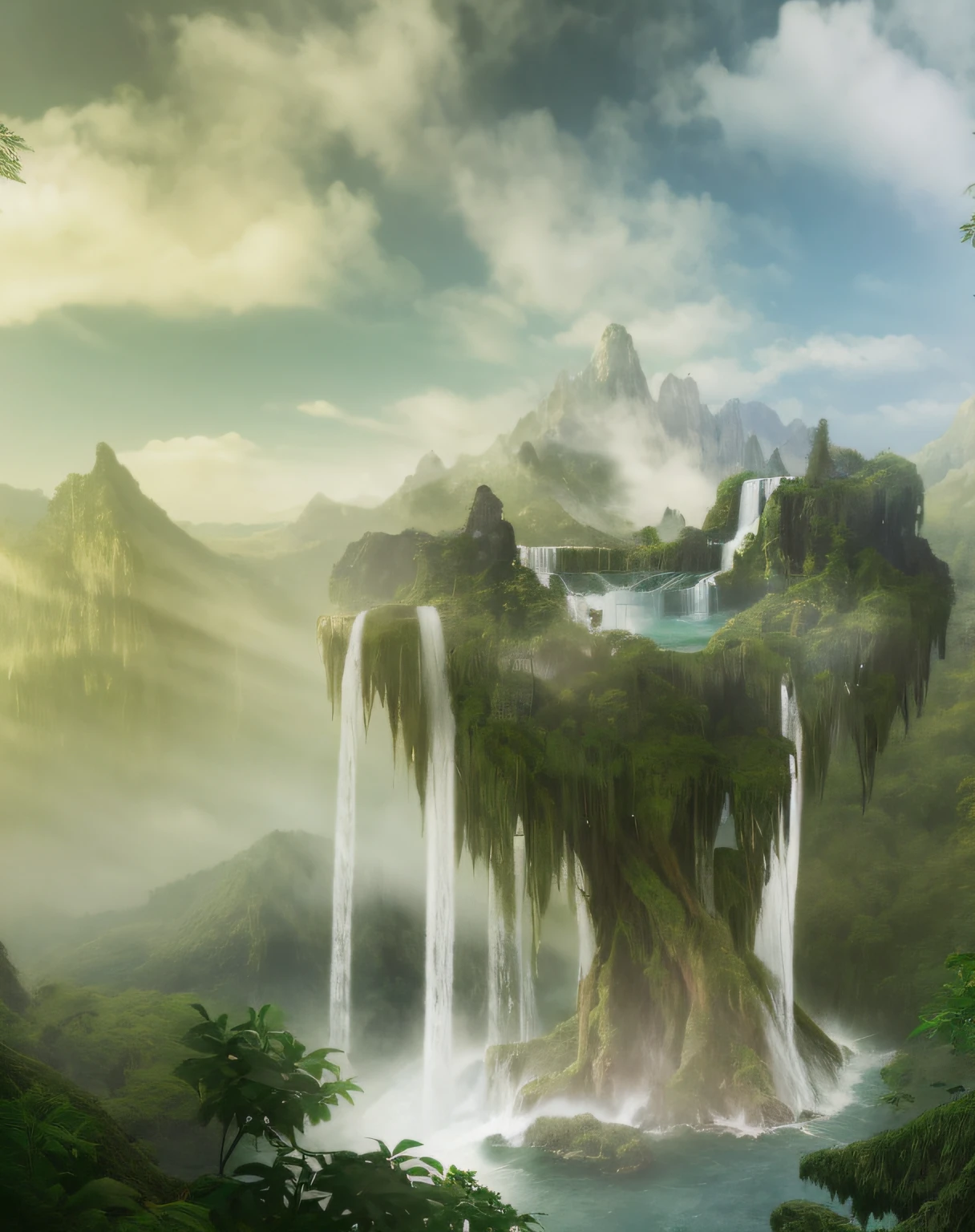 there is a waterfall in the middle of a forest with a waterfall in the middle, made of tree and fantasy valley, matte painting in fantasy style, fantasy scenic, impressive fantasy landscape, epic dreamlike fantasy landscape, epic matte painting of an island, floating and flying island, fantasy landscape, fantasy matte painting,cute, mystical fantasy landscape, extravagant matte painting