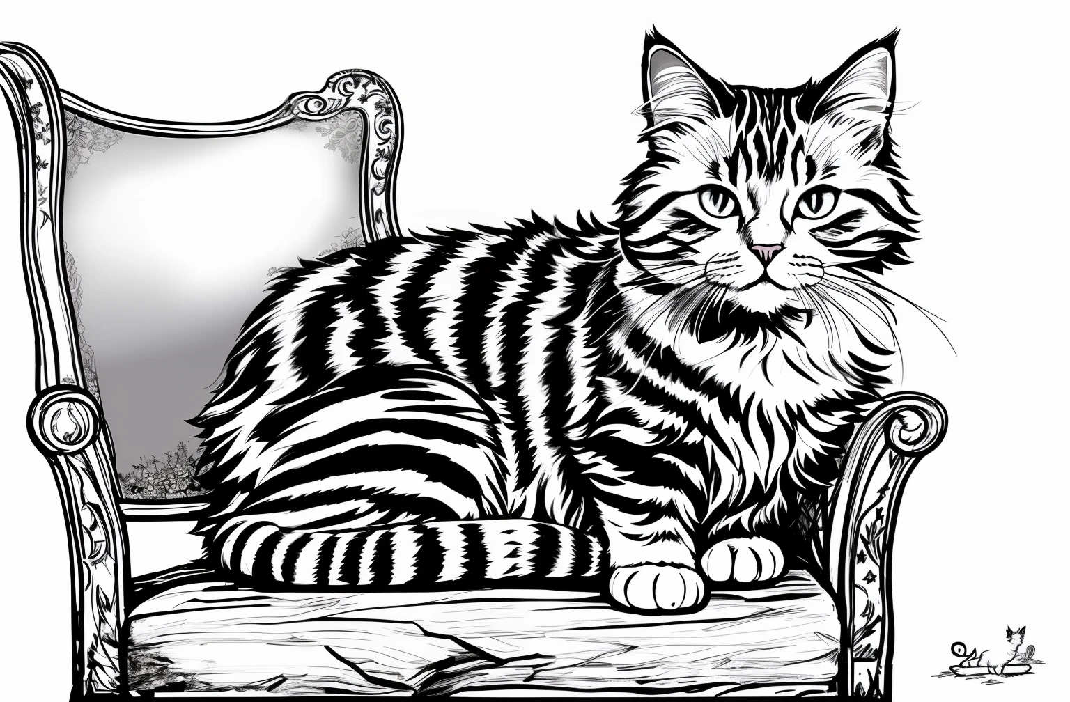a black and white drawing of a cat sitting on a chair, detailed cat, Persian cat, very detailed skin, illustration of a cat, perfect pen and ink line art, Acher sstye
