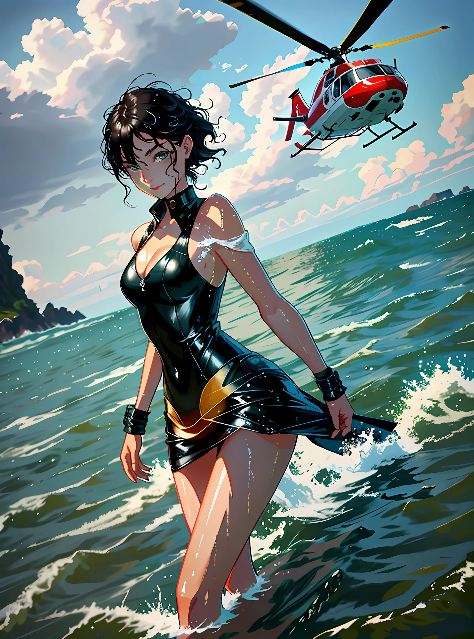 Feet in the water, HD, 4k, a little rain in the sky, 1 girl, leaning next to the helicopter, comic book style, more stunning, beautiful face, delicate makeup, clear face, smile, tsundere, masterpiece, highres, best quality, 1girl solo, looking at viewer, light smile, wading, wet hair, long hair , wet