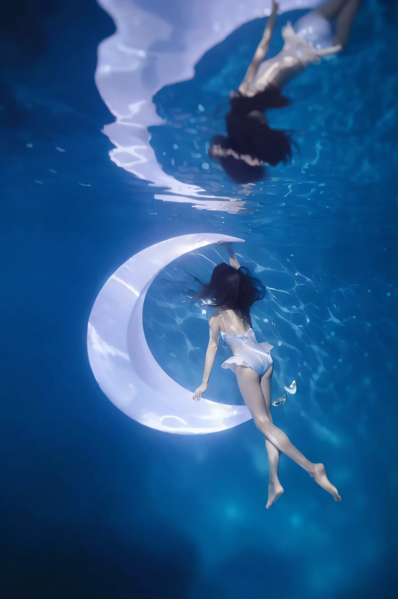 there is a woman floating in the water with a moon, float under moon light at night, a still of an ethereal, float, underwater photography, floating under water, still from a music video, floating, underwater photo, ariana grande as a mermaid, swimming across the universe, floating drowned, floathing underwater in a lake, underwater photograph, swimming in space, underwater shot