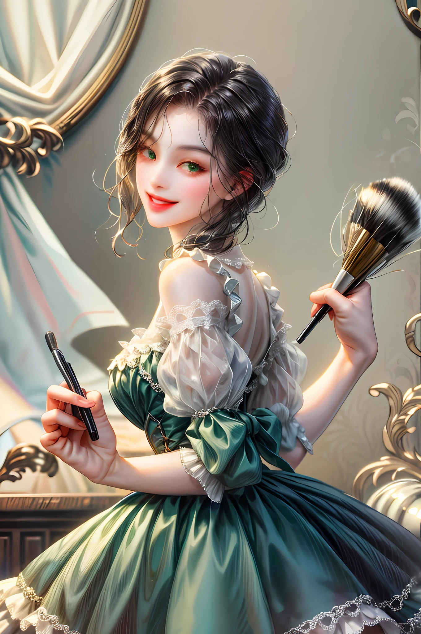 Doll with medium black hair and green eyes, free, charming smile, with brushes is an artist, coquettish and seductive appearance and bold, brave, determined